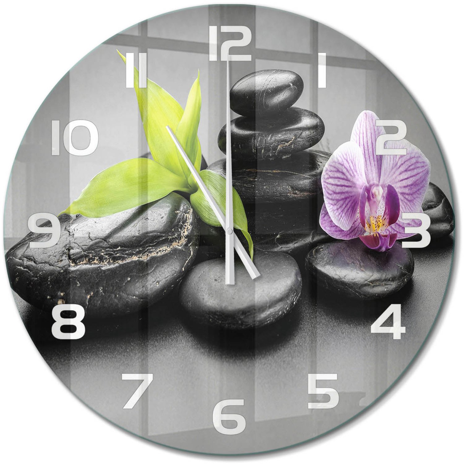 TULUP Wandklok - Zen-stenen Gekleurde Glazen Klok - fi60 cm - Zwart Glazen Klok Met Print - Witte handen - Ronde Klok - Moderne Wandklok Glas - Wandklok Glas Decoratie