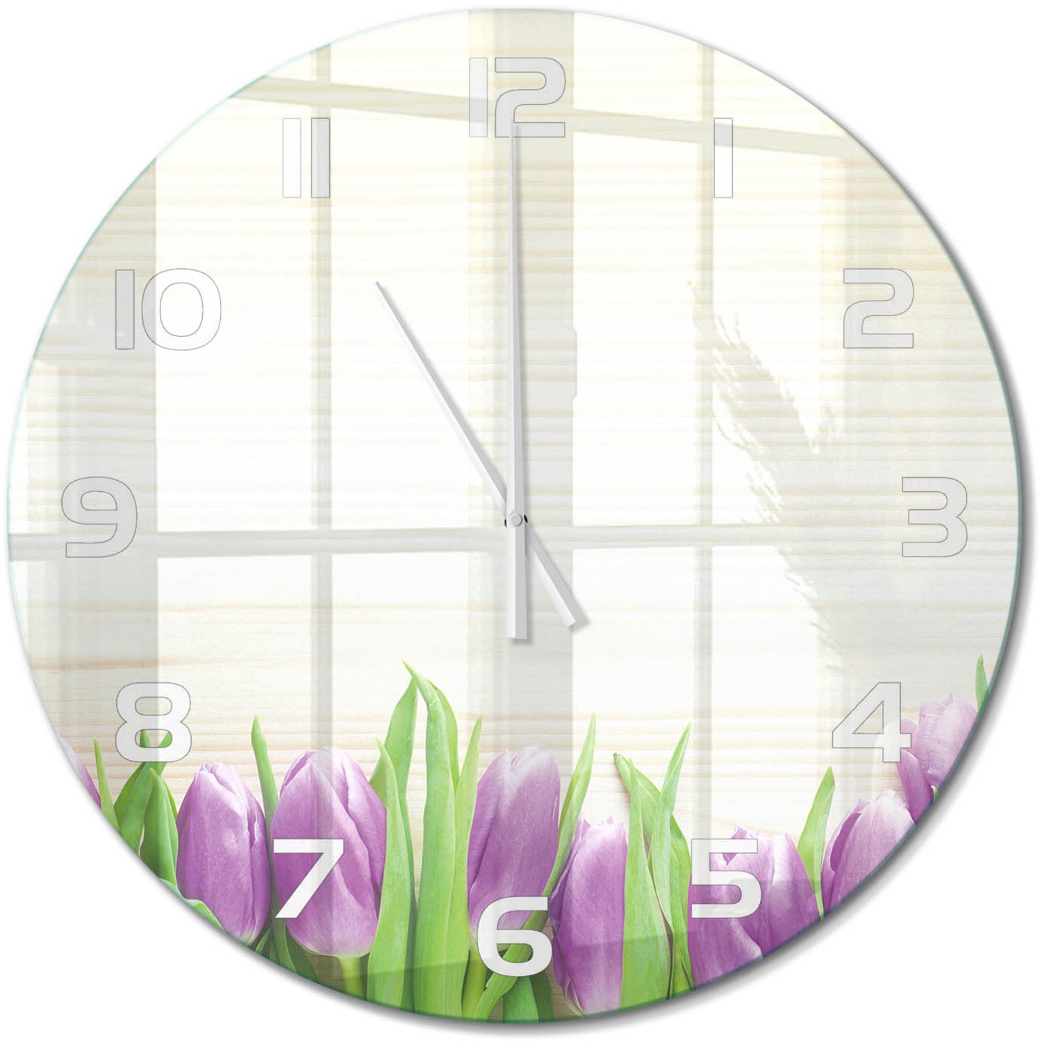 TULUP Wandklok - Paarse tulpen Decoratieve Glazen Klok - fi60 cm - Paars Glazen Wandklok Design - Witte handen - Ronde Klok - Glazen Klok Met Print - Wandklok Glas Met Motief