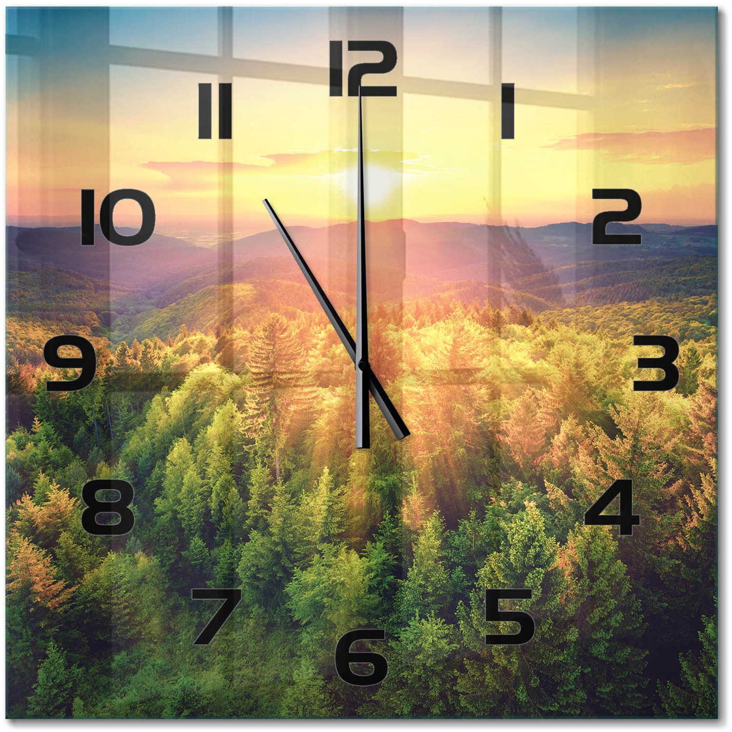 TULUP Wandklok - Zonsondergang in het bos Glazen Klok Met Print - 60x60 cm - Geel Wandklok Glas Met Motief - Zwarte handen - Vierkante Klok - Wandklok Glas Decoratie - Gekleurde Glazen Klok