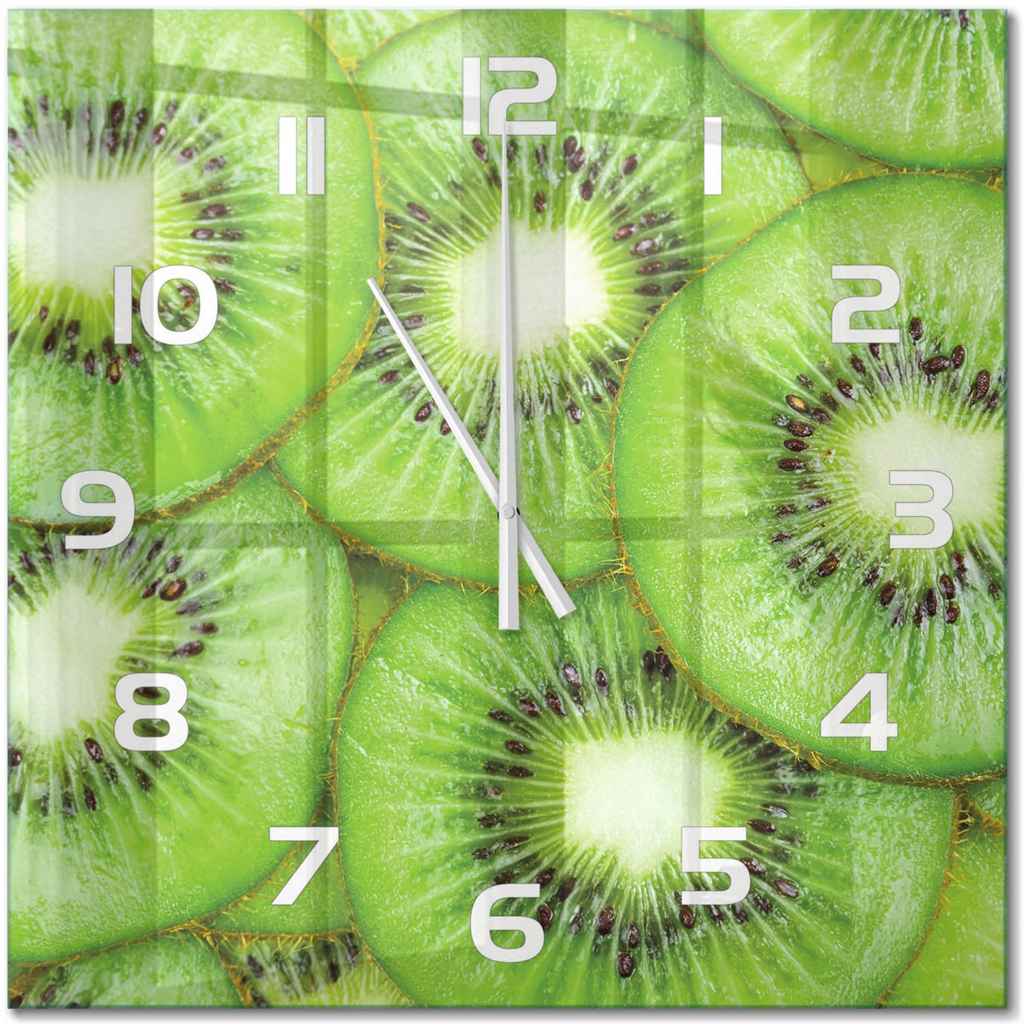 TULUP Wandklok - Kiwi Klok Glas Met Opdruk - 60x60 cm - Groente Moderne Wandklok Glas - Witte handen - Vierkante Klok - Decoratieve Glazen Klok - Glazen Wandklok Design