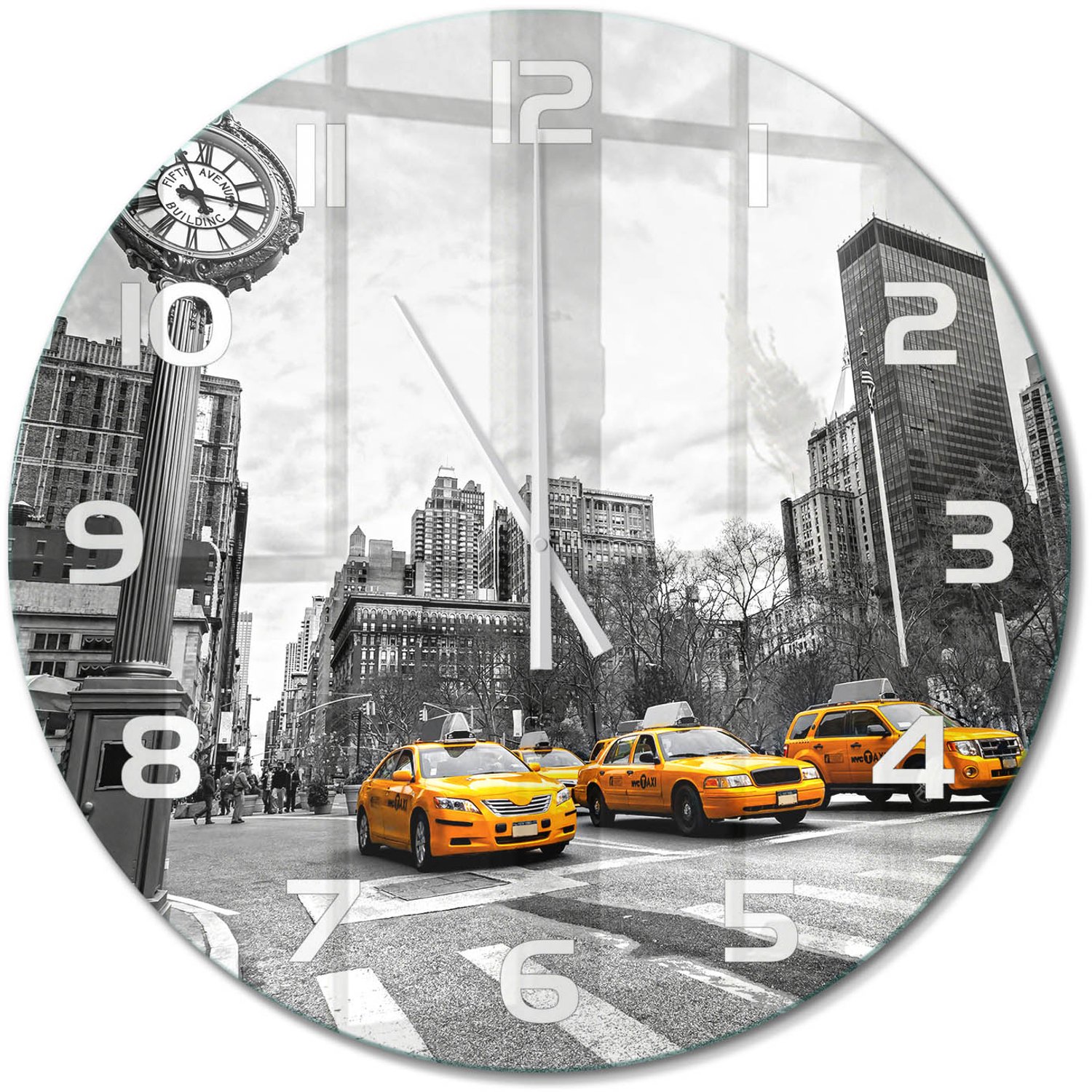 TULUP Wandklok - New Yorkse taxi's Decoratieve Glazen Klok - fi60 cm - Geel Glazen Wandklok Design - Witte handen - Ronde Klok - Glazen Klok Met Print - Wandklok Glas Met Motief