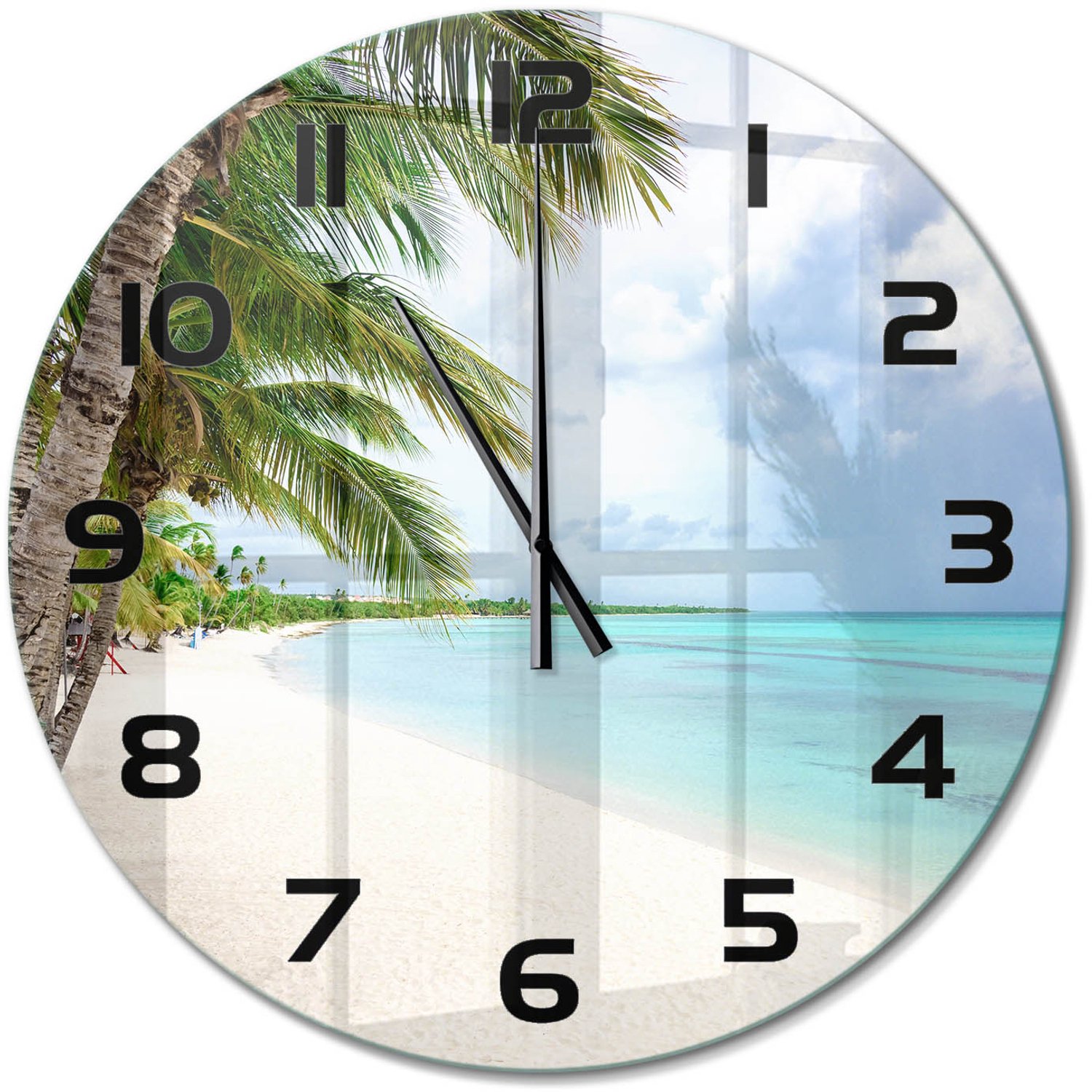 TULUP Wandklok - Tropisch strand Decoratieve Glazen Klok - fi60 cm - Groente Glazen Wandklok Design - Zwarte handen - Ronde Klok - Glazen Klok Met Print - Wandklok Glas Met Motief