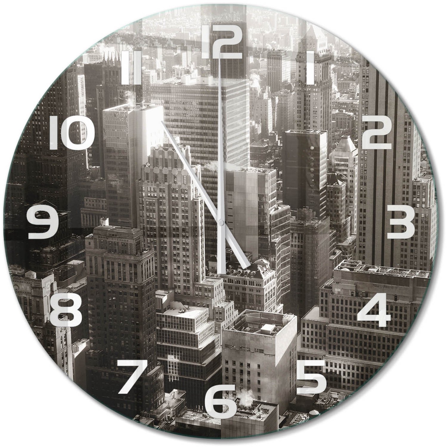TULUP Wandklok - New York Moderne Wandklok Glas - fi60 cm - Zwart-wit Wandklok Glas Decoratie - Witte handen - Ronde Klok - Glazen Wandklok Design - Klok Glas Met Opdruk