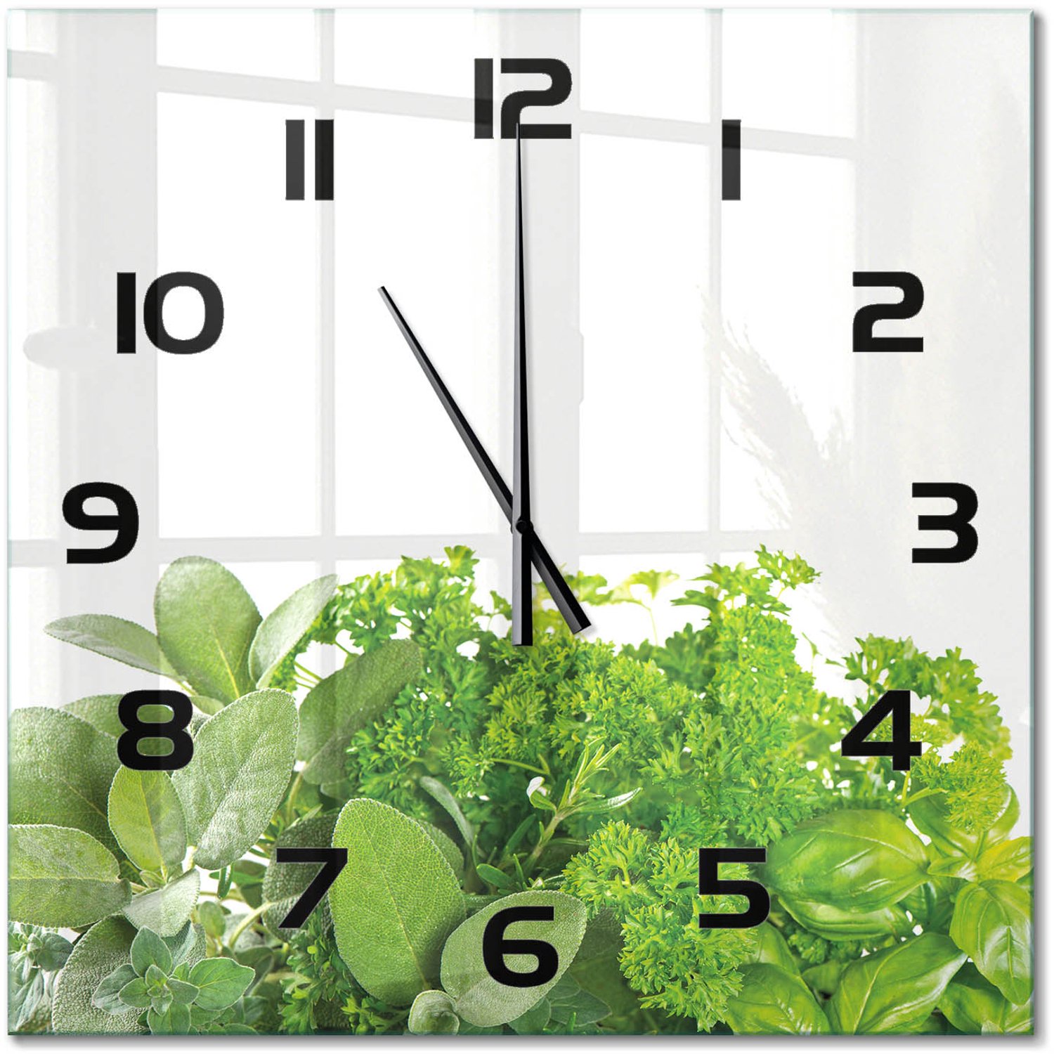 TULUP Wandklok - Kruiden Glazen Wandklok Design - 60x60 cm - Groente Klok Glas Met Opdruk - Zwarte handen - Vierkante Klok - Wandklok Glas Met Motief - Decoratieve Glazen Klok