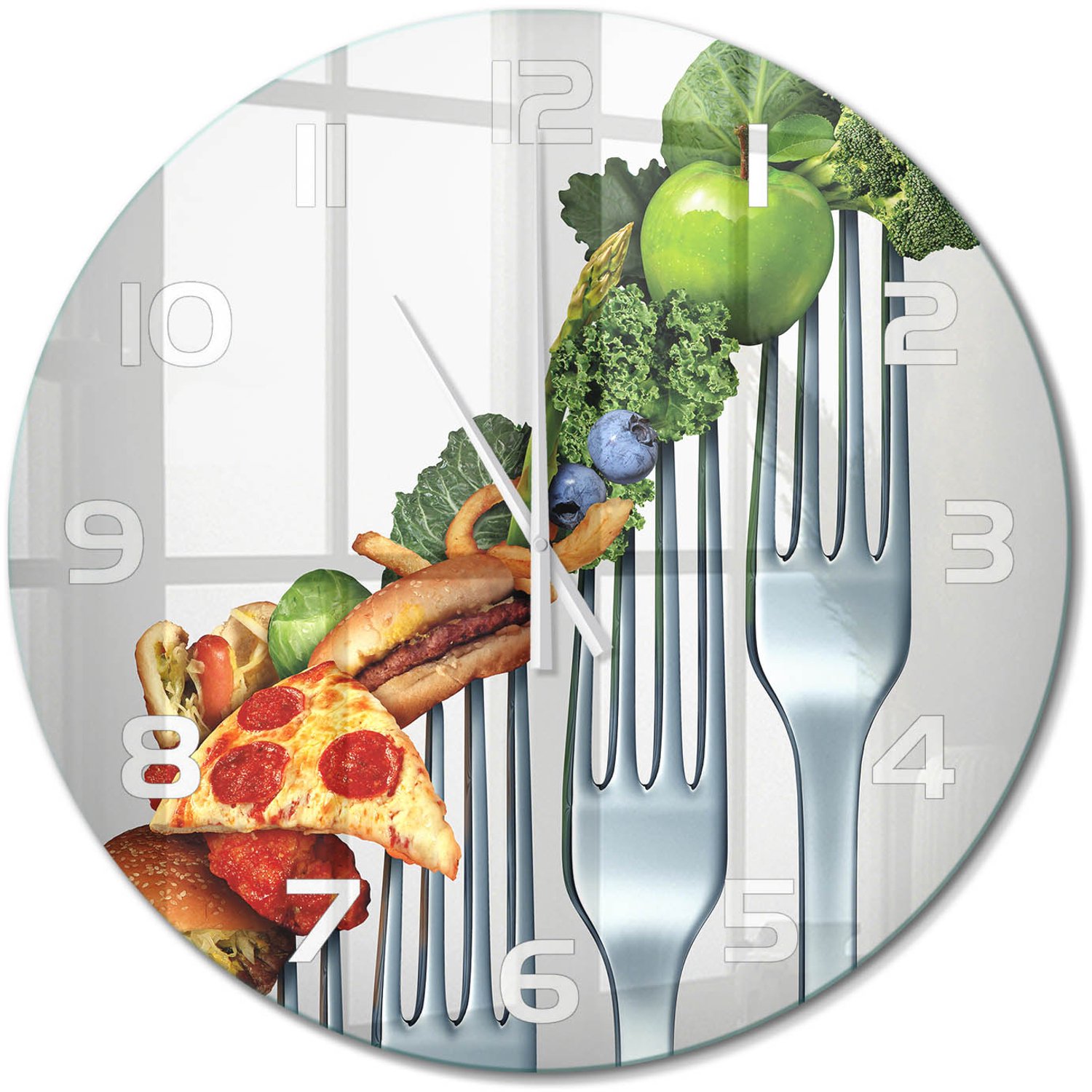 TULUP Wandklok - Vooruitgang in de voeding Glazen Klok Met Print - fi60 cm - Veelkleurig Wandklok Glas Met Motief - Witte handen - Ronde Klok - Wandklok Glas Decoratie - Gekleurde Glazen Klok