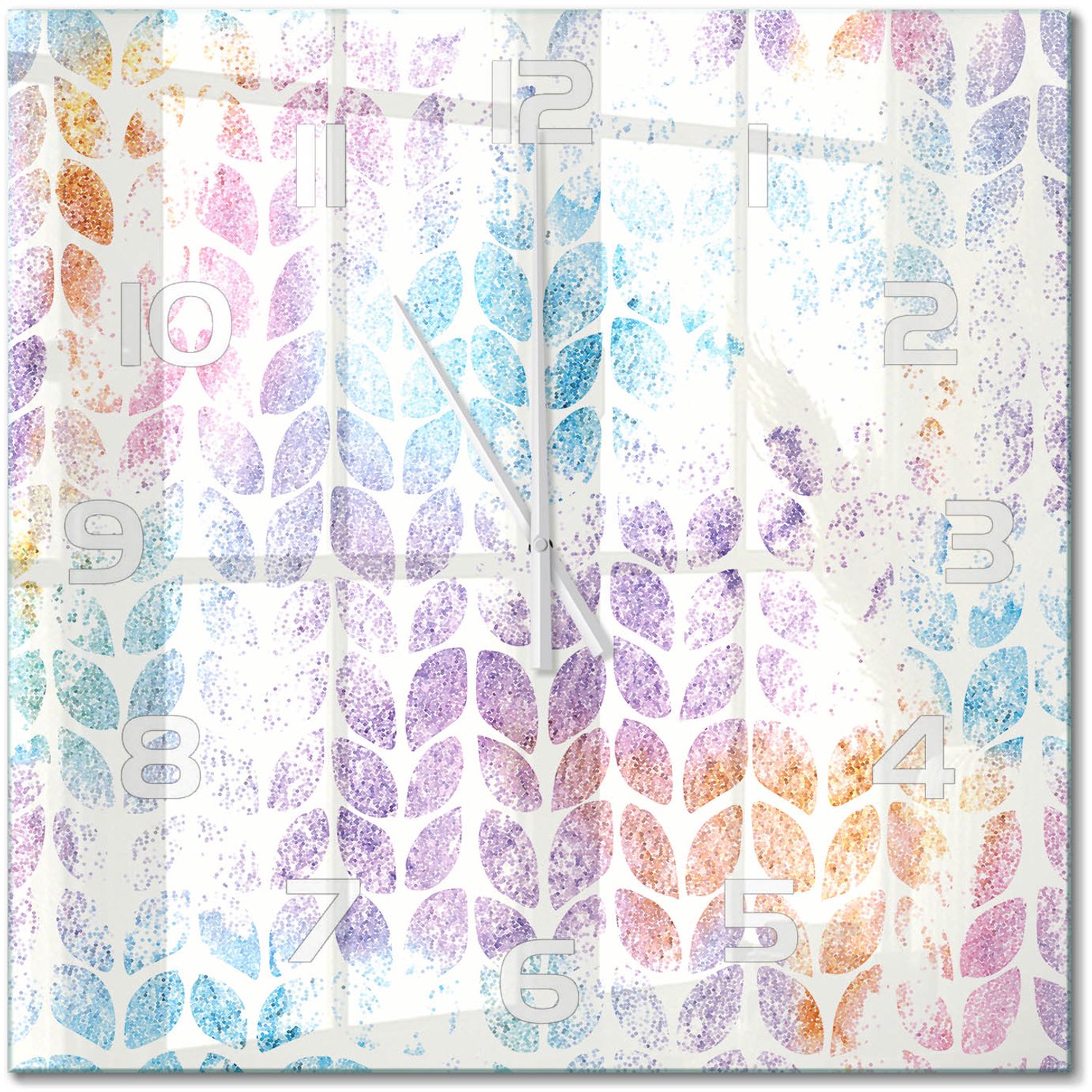 TULUP Wandklok - Kleurrijke bladeren Glazen Klok Met Print - 60x60 cm - Veelkleurig Wandklok Glas Met Motief - Witte handen - Vierkante Klok - Wandklok Glas Decoratie - Gekleurde Glazen Klok