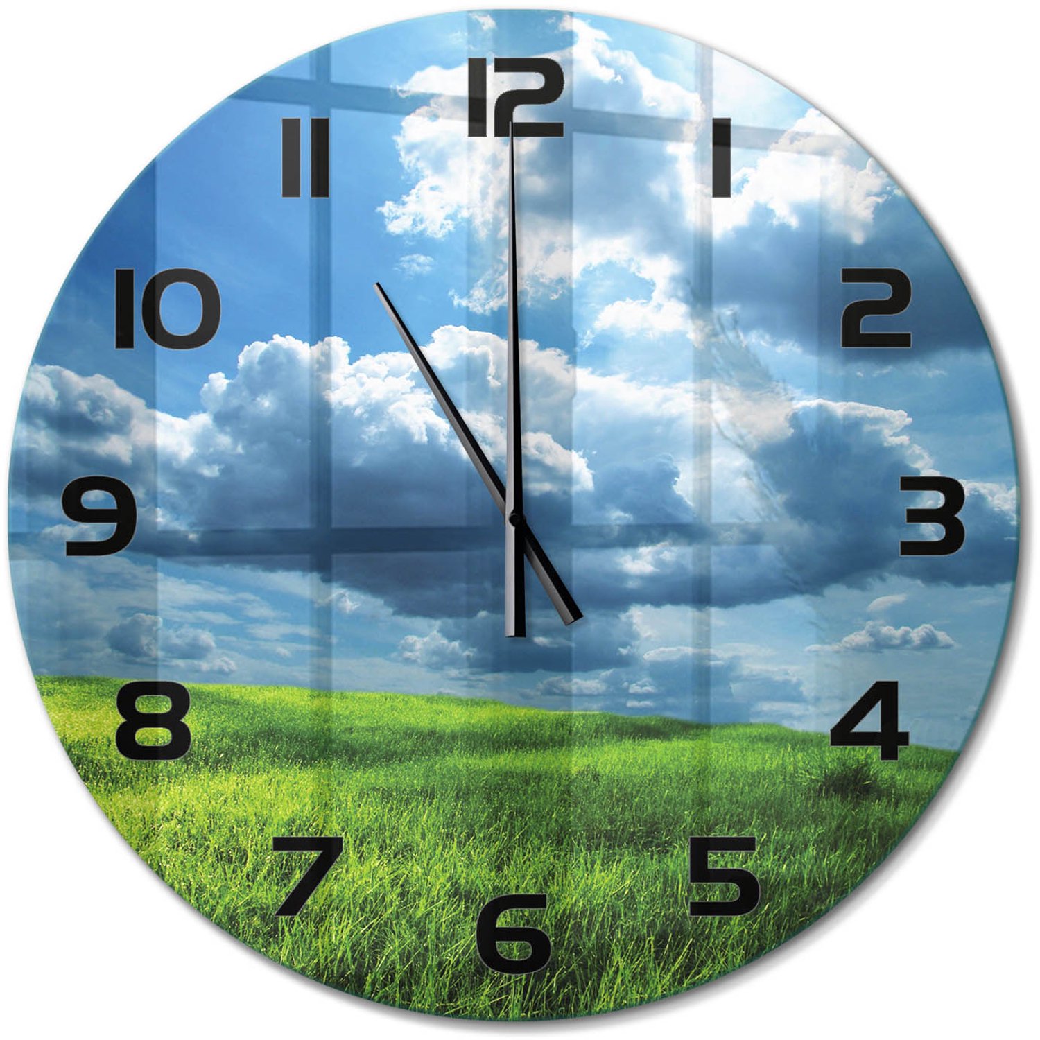 TULUP Wandklok - Wolken boven het veld Klok Glas Met Opdruk - fi60 cm - Groente Moderne Wandklok Glas - Zwarte handen - Ronde Klok - Decoratieve Glazen Klok - Glazen Wandklok Design