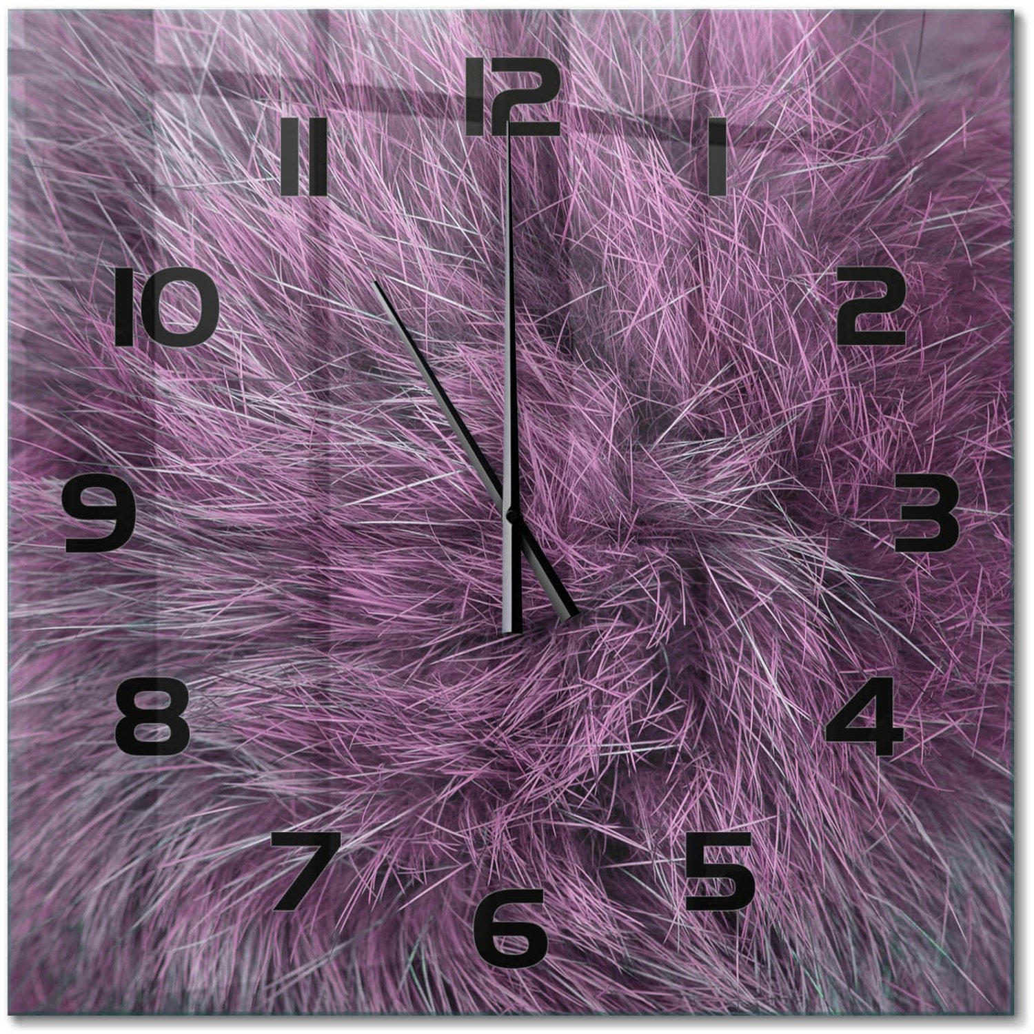 TULUP Wandklok - Roze bont Decoratieve Glazen Klok - 60x60 cm - Roze Glazen Wandklok Design - Zwarte handen - Vierkante Klok - Glazen Klok Met Print - Wandklok Glas Met Motief