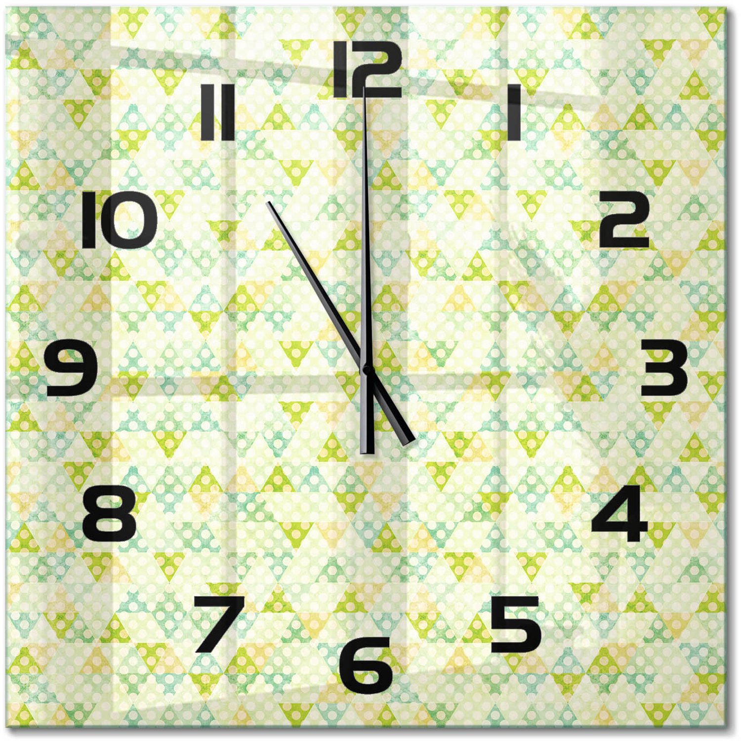 TULUP Wandklok - Geometrische achtergrond Gekleurde Glazen Klok - 60x60 cm - Groente Glazen Klok Met Print - Zwarte handen - Vierkante Klok - Moderne Wandklok Glas - Wandklok Glas Decoratie