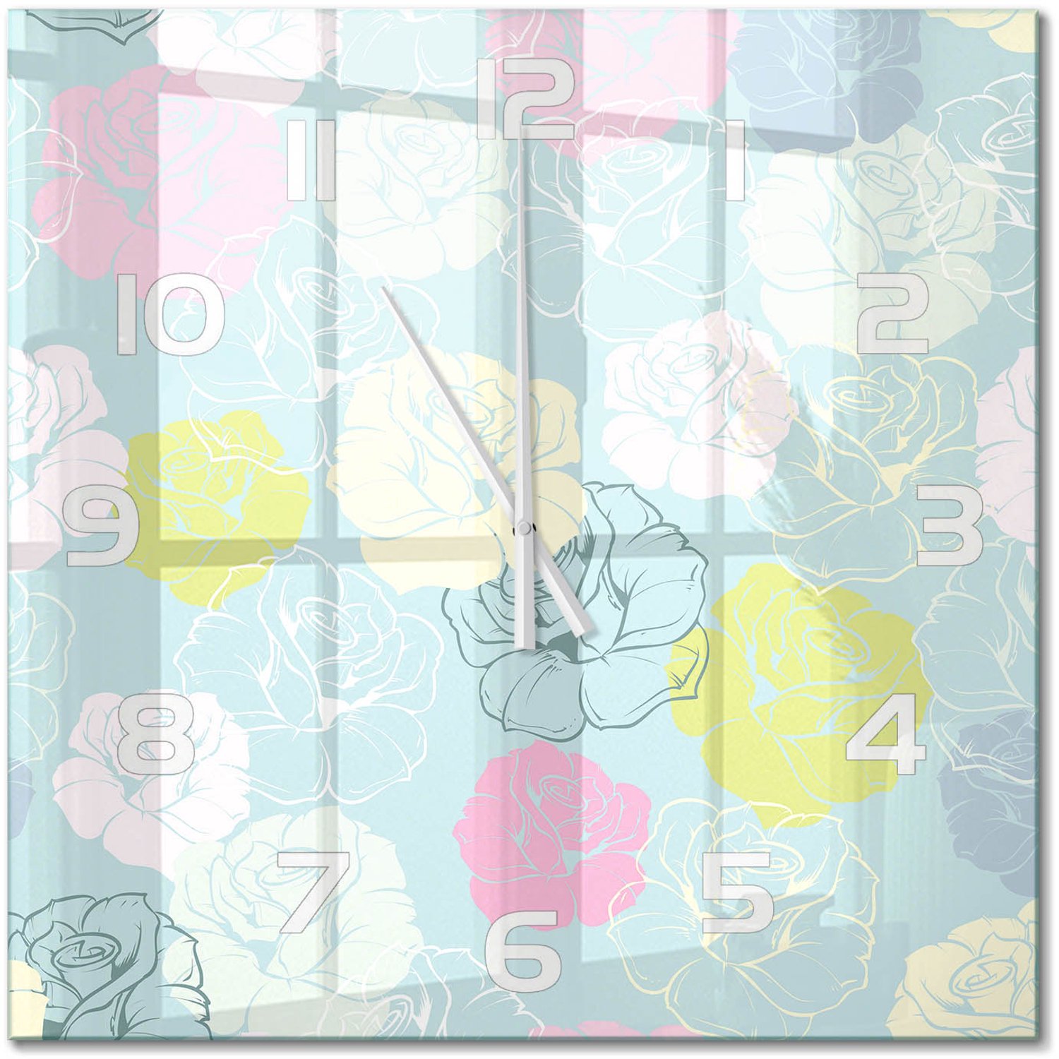 TULUP Wandklok - Rozen Wandklok Glas Decoratie - 60x60 cm - Veelkleurig Gekleurde Glazen Klok - Witte handen - Vierkante Klok - Klok Glas Met Opdruk - Moderne Wandklok Glas