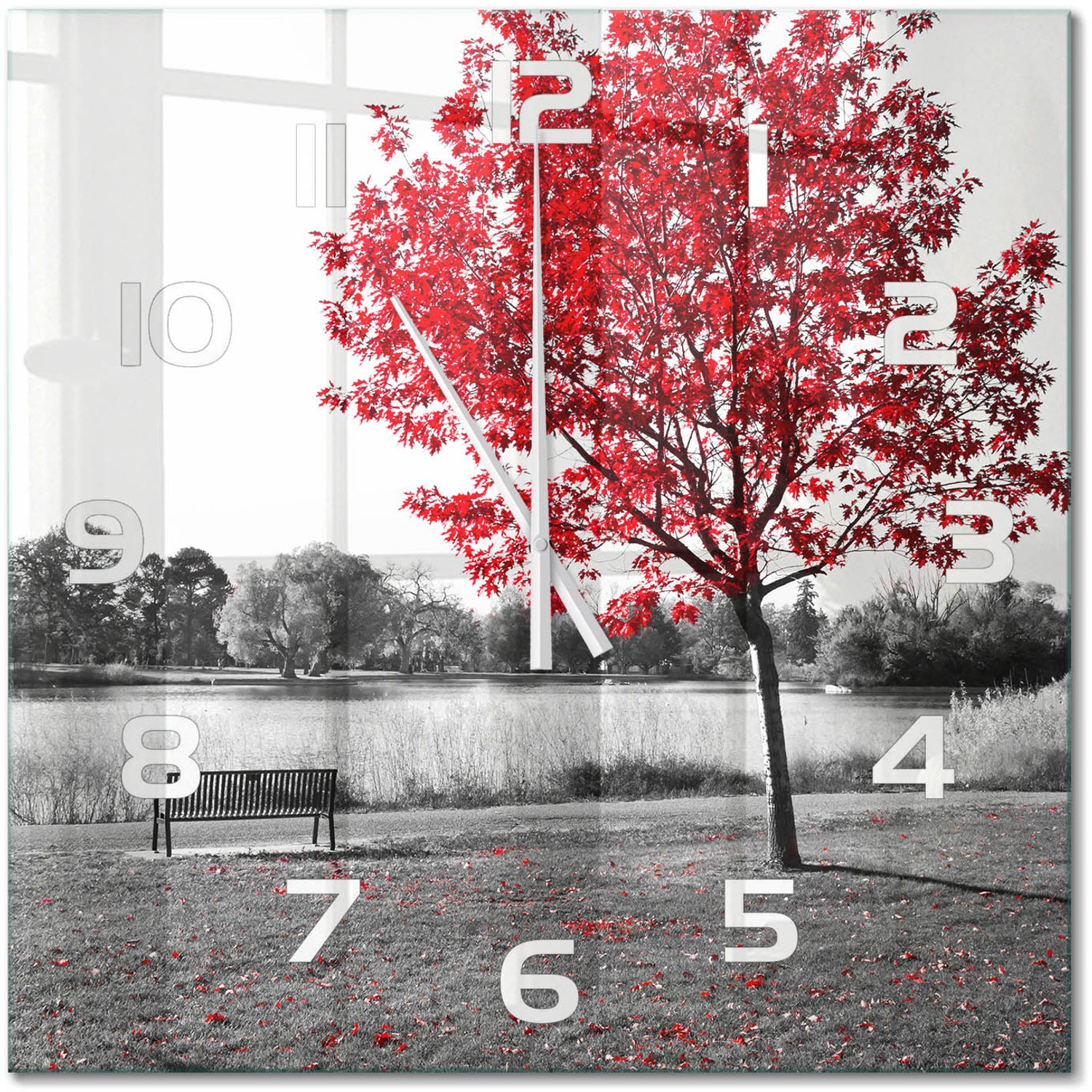 TULUP Wandklok - Rode boom Moderne Wandklok Glas - 60x60 cm - Rood Wandklok Glas Decoratie - Witte handen - Vierkante Klok - Glazen Wandklok Design - Klok Glas Met Opdruk