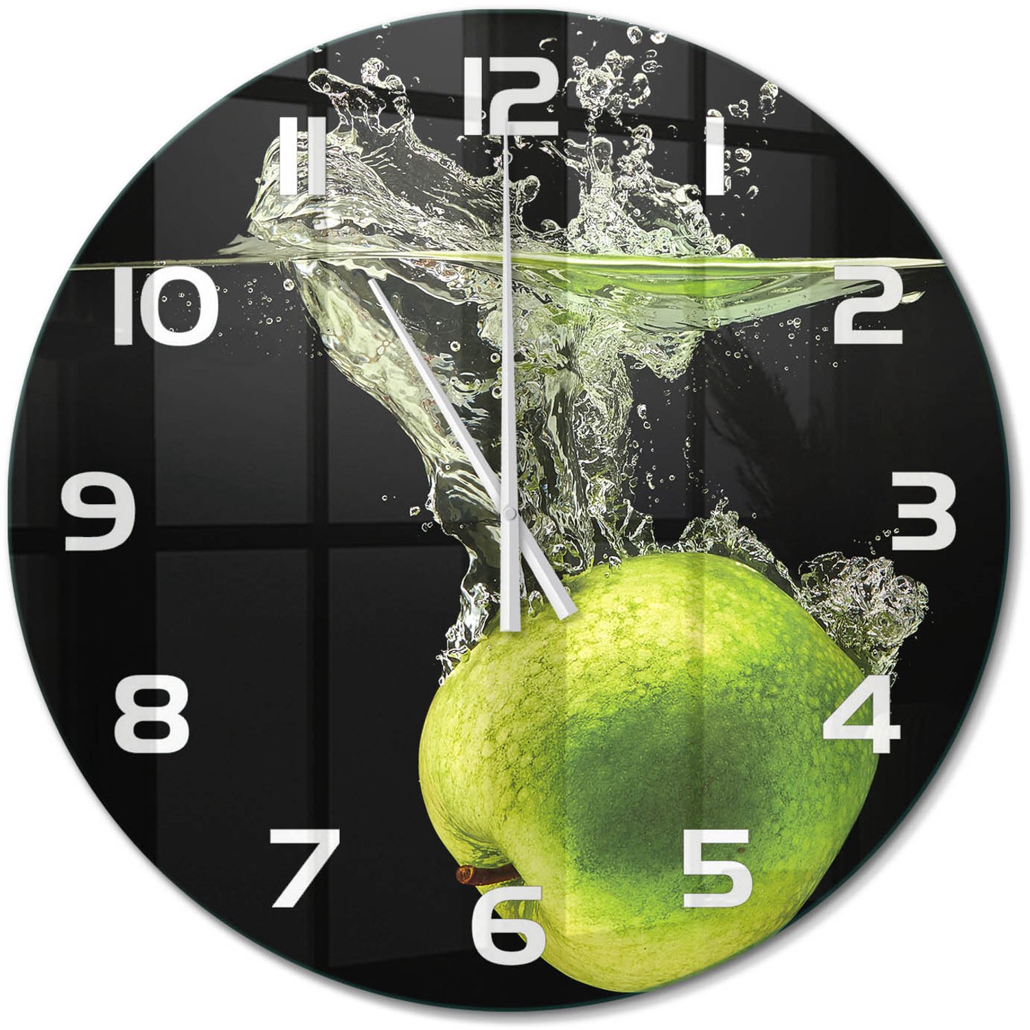 TULUP Wandklok - Groene appels Glazen Klok Met Print - fi60 cm - Groente Wandklok Glas Met Motief - Witte handen - Ronde Klok - Wandklok Glas Decoratie - Gekleurde Glazen Klok