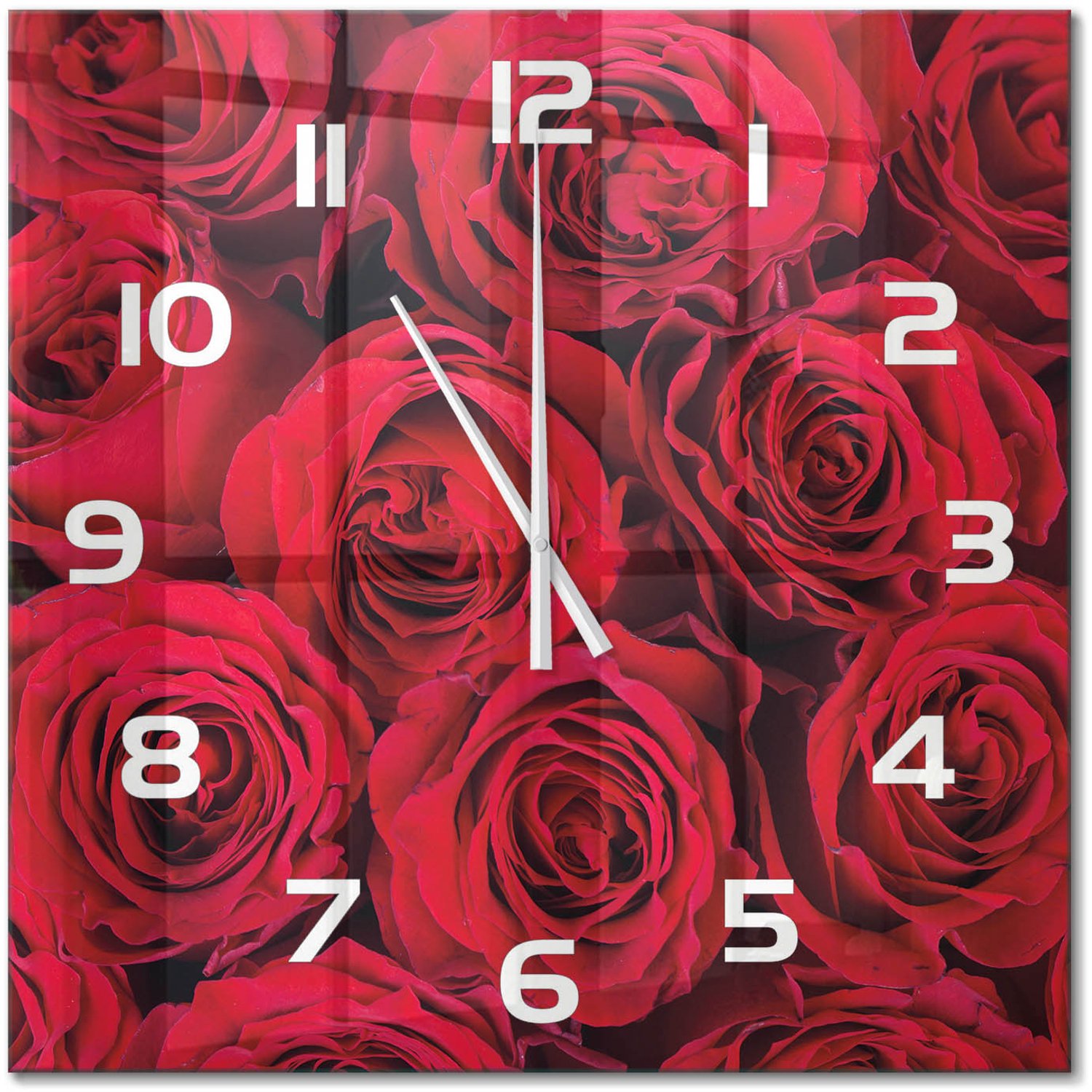 TULUP Wandklok - Rozen Decoratieve Glazen Klok - 60x60 cm - Rood Glazen Wandklok Design - Witte handen - Vierkante Klok - Glazen Klok Met Print - Wandklok Glas Met Motief