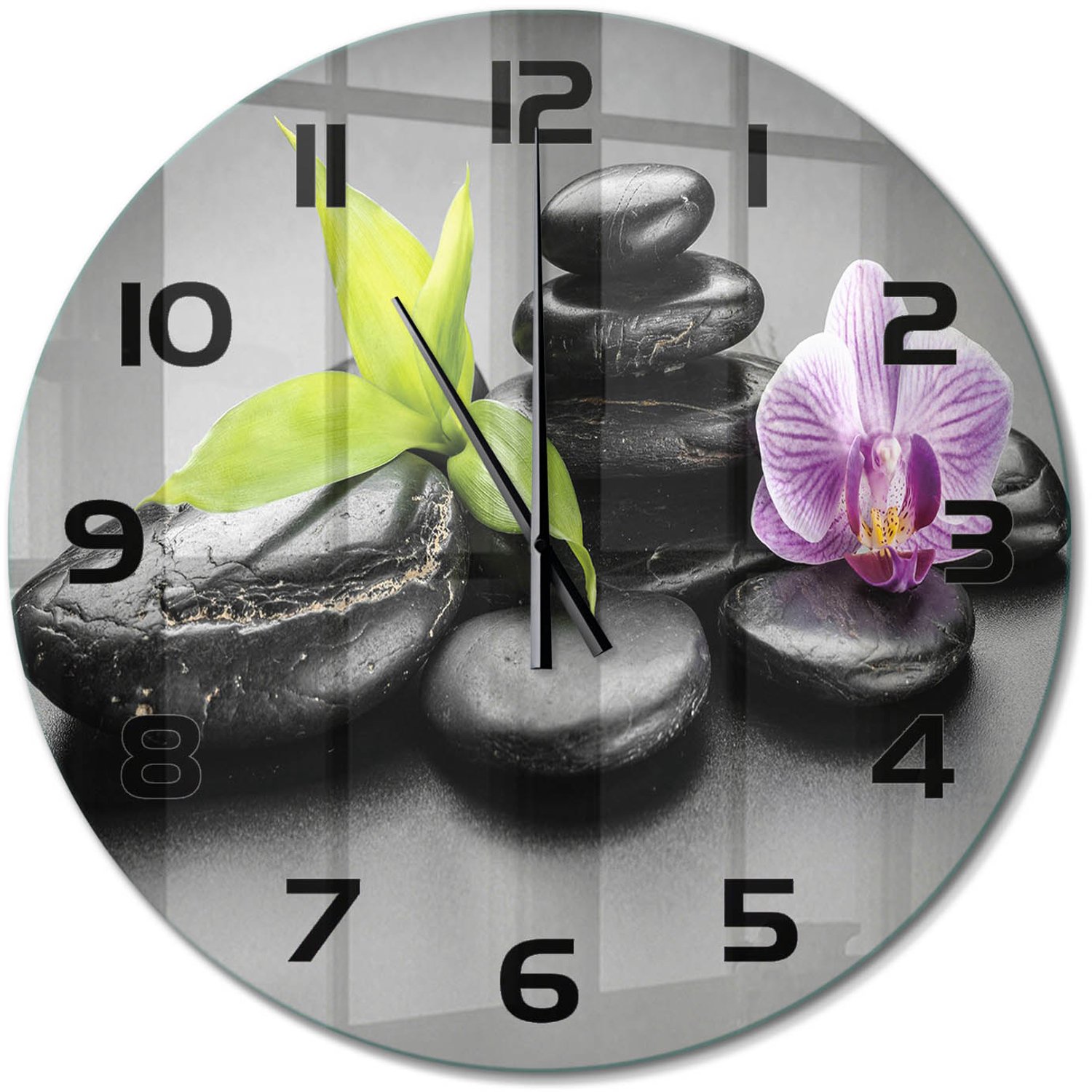 TULUP Wandklok - Zen-stenen Decoratieve Glazen Klok - fi60 cm - Zwart Glazen Wandklok Design - Zwarte handen - Ronde Klok - Glazen Klok Met Print - Wandklok Glas Met Motief