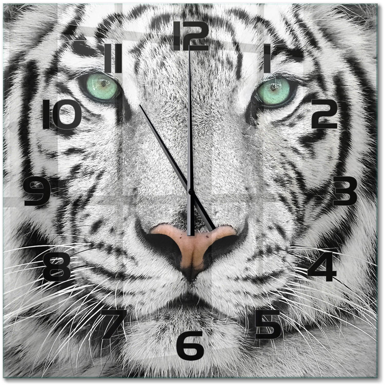 TULUP Wandklok - Witte Tijger Gekleurde Glazen Klok - 60x60 cm - Wit Glazen Klok Met Print - Zwarte handen - Vierkante Klok - Moderne Wandklok Glas - Wandklok Glas Decoratie