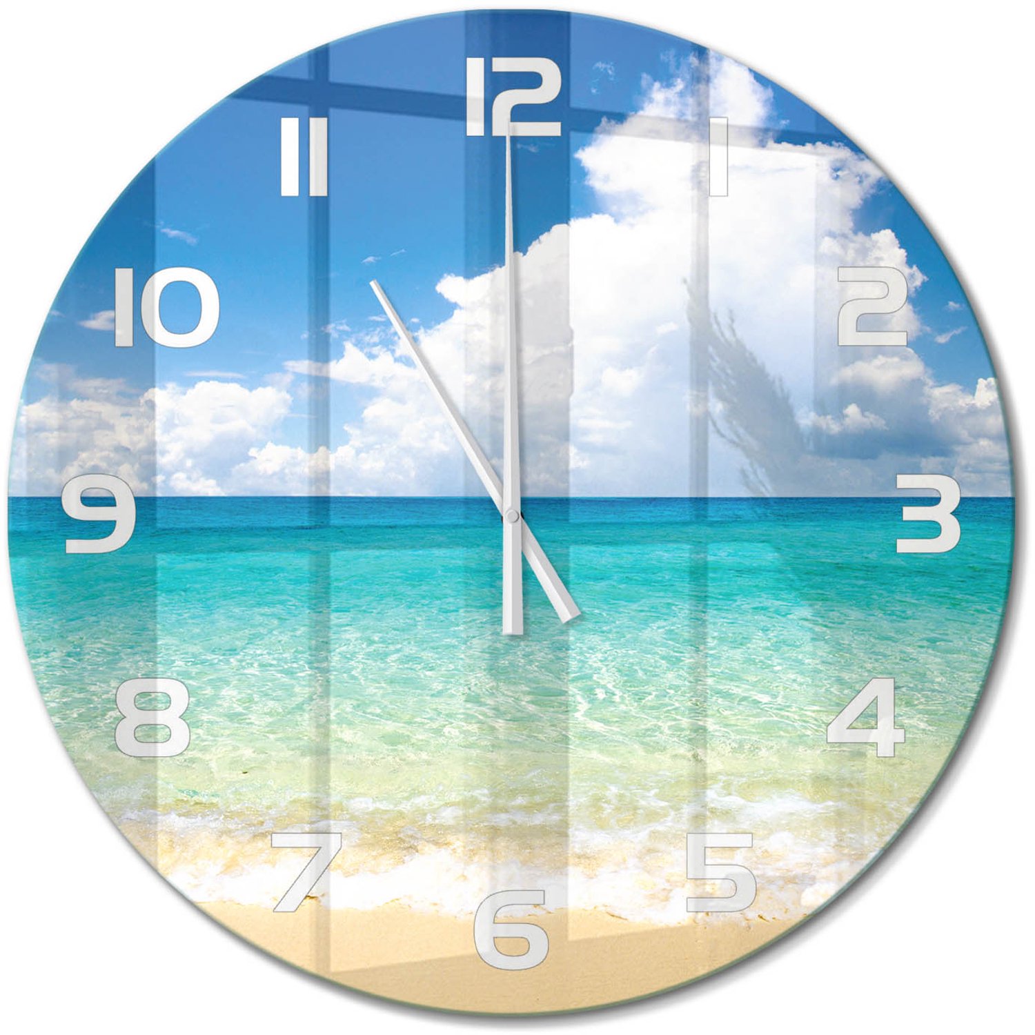 TULUP Wandklok - Paradijsstrand Gekleurde Glazen Klok - fi60 cm - Blauw Glazen Klok Met Print - Witte handen - Ronde Klok - Moderne Wandklok Glas - Wandklok Glas Decoratie