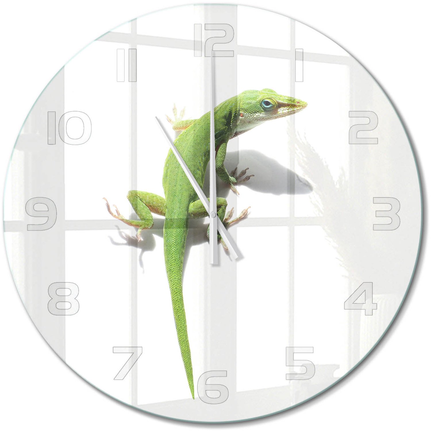 TULUP Wandklok - Groene hagedis Decoratieve Glazen Klok - fi60 cm - Groente Glazen Wandklok Design - Witte handen - Ronde Klok - Glazen Klok Met Print - Wandklok Glas Met Motief