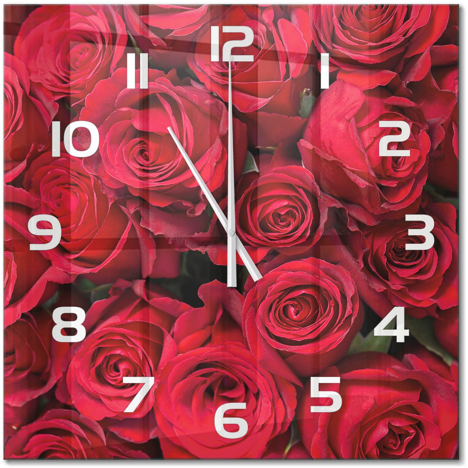 TULUP Wandklok - Rode rozen Gekleurde Glazen Klok - 60x60 cm - Rood Glazen Klok Met Print - Witte handen - Vierkante Klok - Moderne Wandklok Glas - Wandklok Glas Decoratie