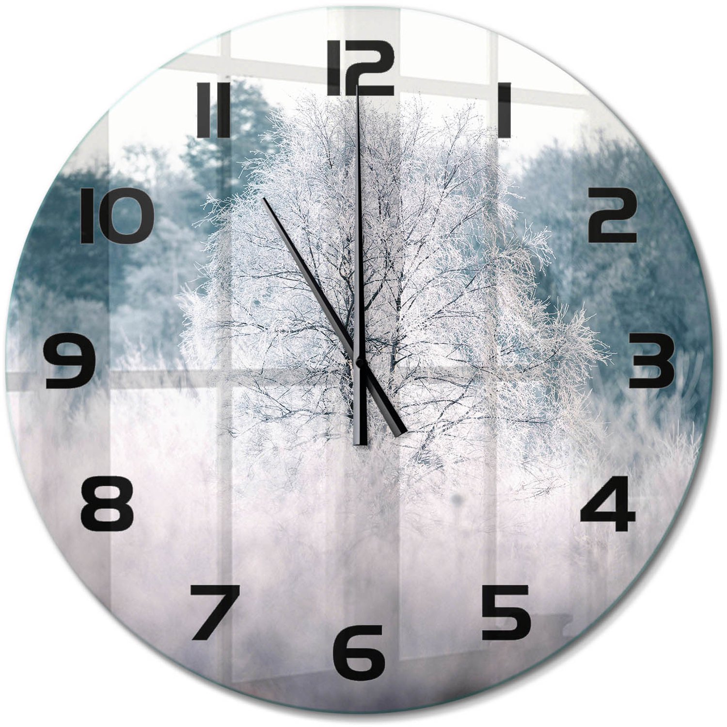 TULUP Wandklok - Winterbomen Glazen Wandklok Design - fi60 cm - Grijs Klok Glas Met Opdruk - Zwarte handen - Ronde Klok - Wandklok Glas Met Motief - Decoratieve Glazen Klok