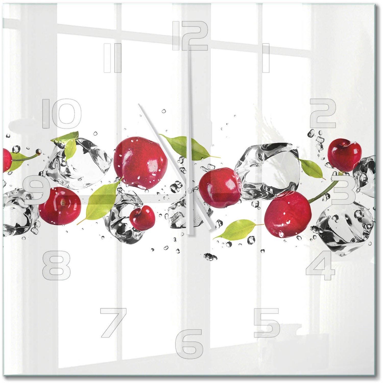 TULUP Wandklok - Kersen en water Glazen Wandklok Design - 60x60 cm - Rood Klok Glas Met Opdruk - Witte handen - Vierkante Klok - Wandklok Glas Met Motief - Decoratieve Glazen Klok
