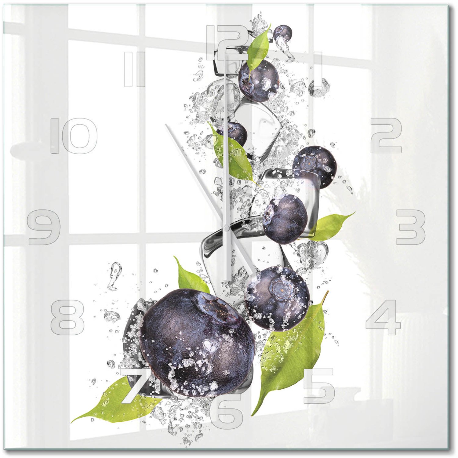 TULUP Wandklok - Bosbessen met ijs Decoratieve Glazen Klok - 60x60 cm - Zwart Glazen Wandklok Design - Witte handen - Vierkante Klok - Glazen Klok Met Print - Wandklok Glas Met Motief