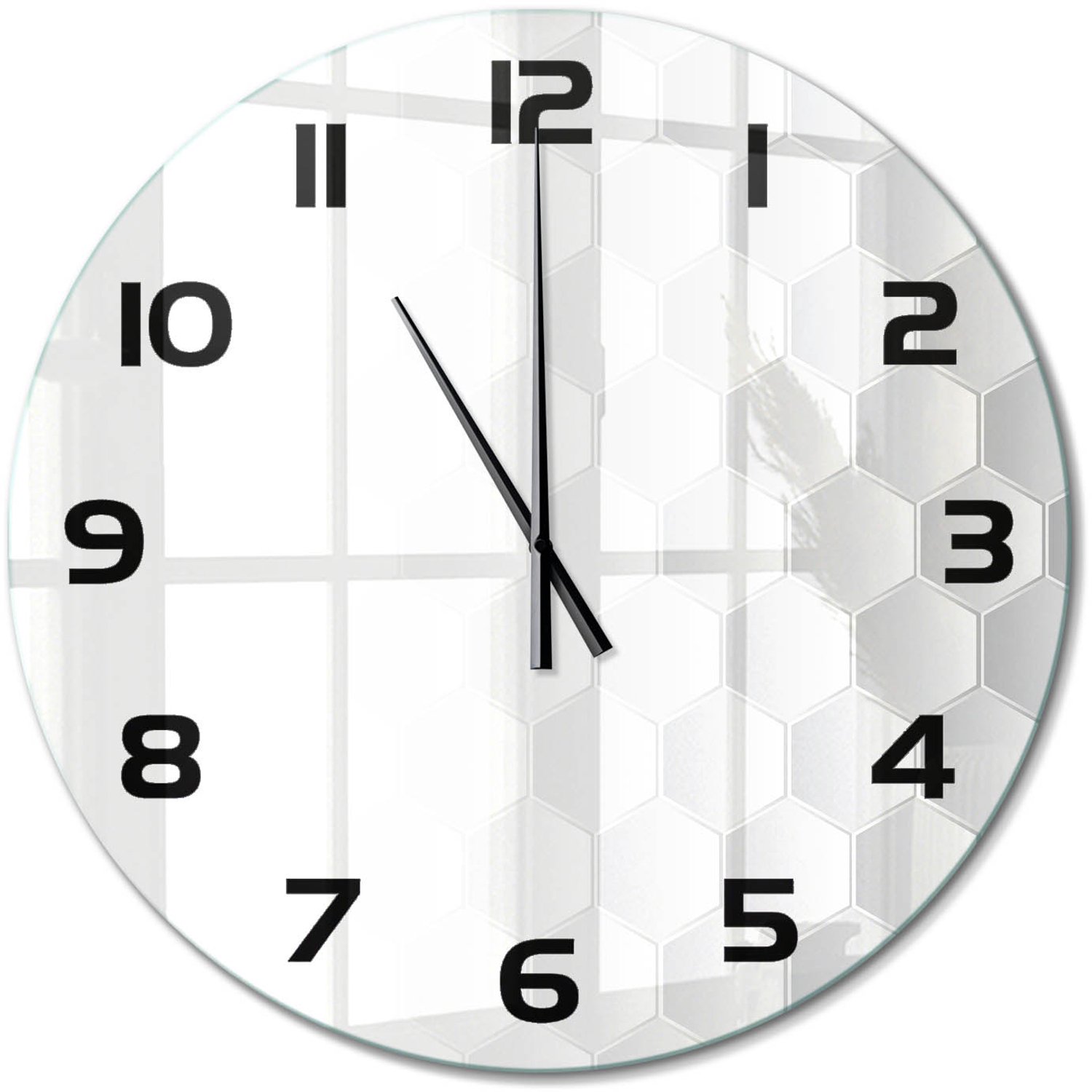 TULUP Wandklok - Zeshoekige achtergrond Klok Glas Met Opdruk - fi60 cm - Wit Moderne Wandklok Glas - Zwarte handen - Ronde Klok - Decoratieve Glazen Klok - Glazen Wandklok Design