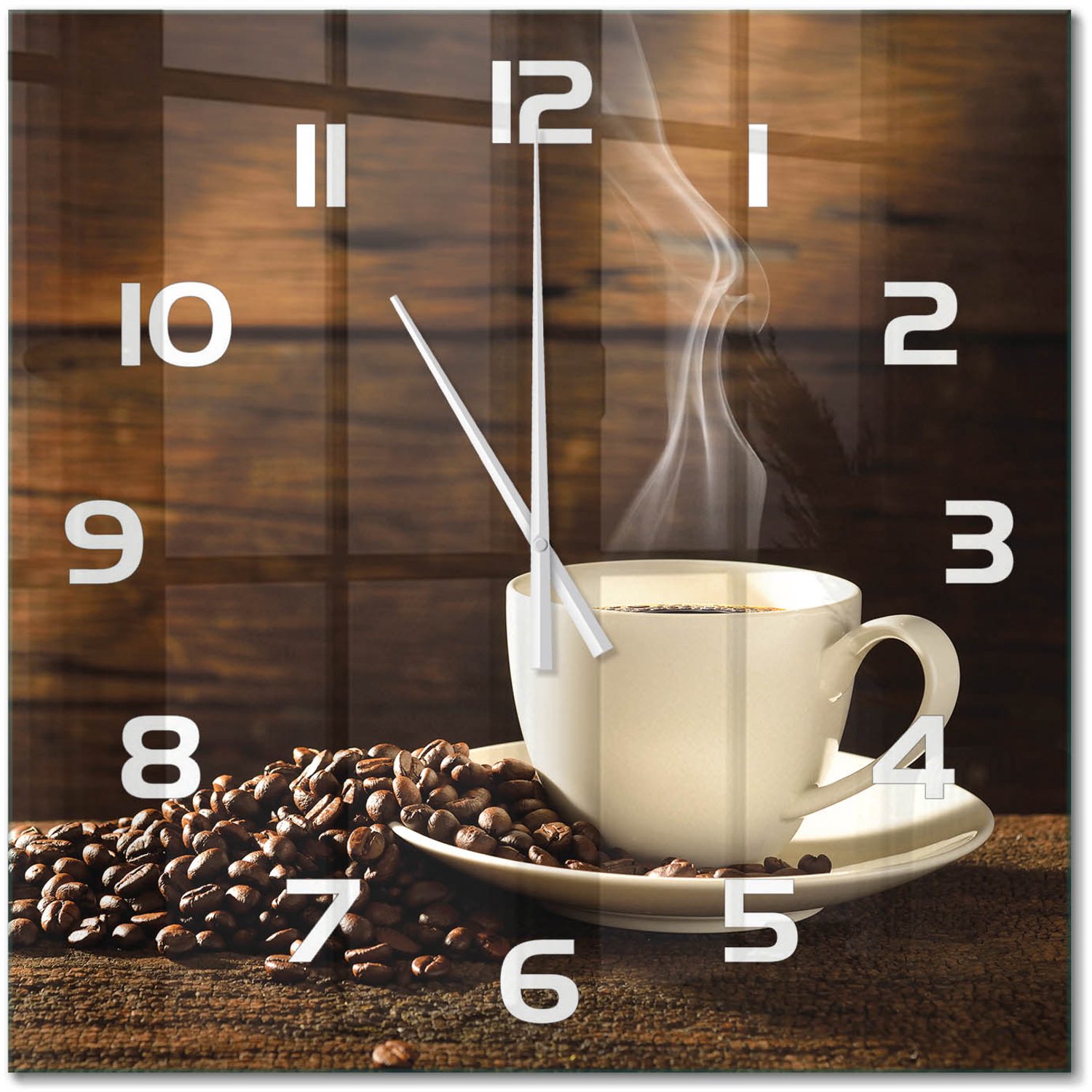 TULUP Wandklok - Kopje koffie Moderne Wandklok Glas - 60x60 cm - Bruin Wandklok Glas Decoratie - Witte handen - Vierkante Klok - Glazen Wandklok Design - Klok Glas Met Opdruk