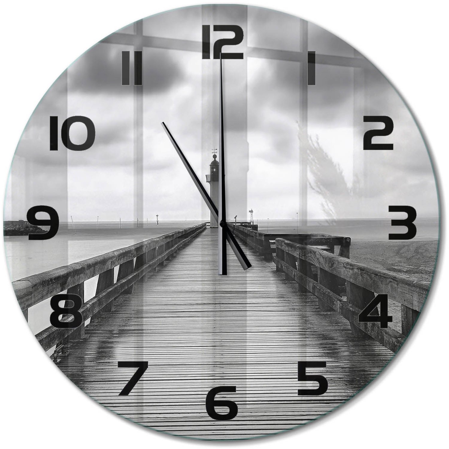 TULUP Wandklok - Vuurtoren Gekleurde Glazen Klok - fi60 cm - Zwart-wit Glazen Klok Met Print - Zwarte handen - Ronde Klok - Moderne Wandklok Glas - Wandklok Glas Decoratie