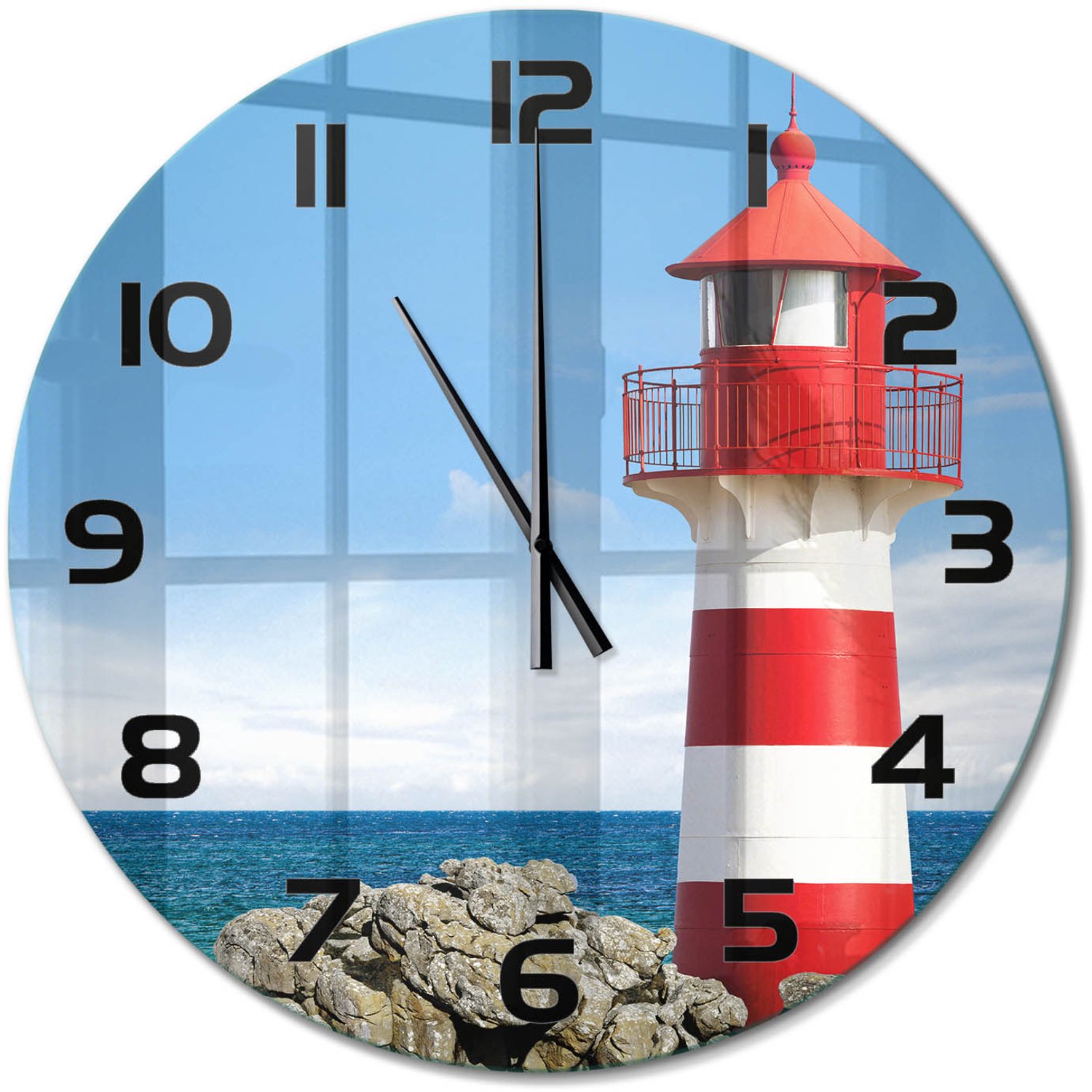 TULUP Wandklok - Vuurtoren Wandklok Glas Decoratie - fi60 cm - Rood Gekleurde Glazen Klok - Zwarte handen - Ronde Klok - Klok Glas Met Opdruk - Moderne Wandklok Glas