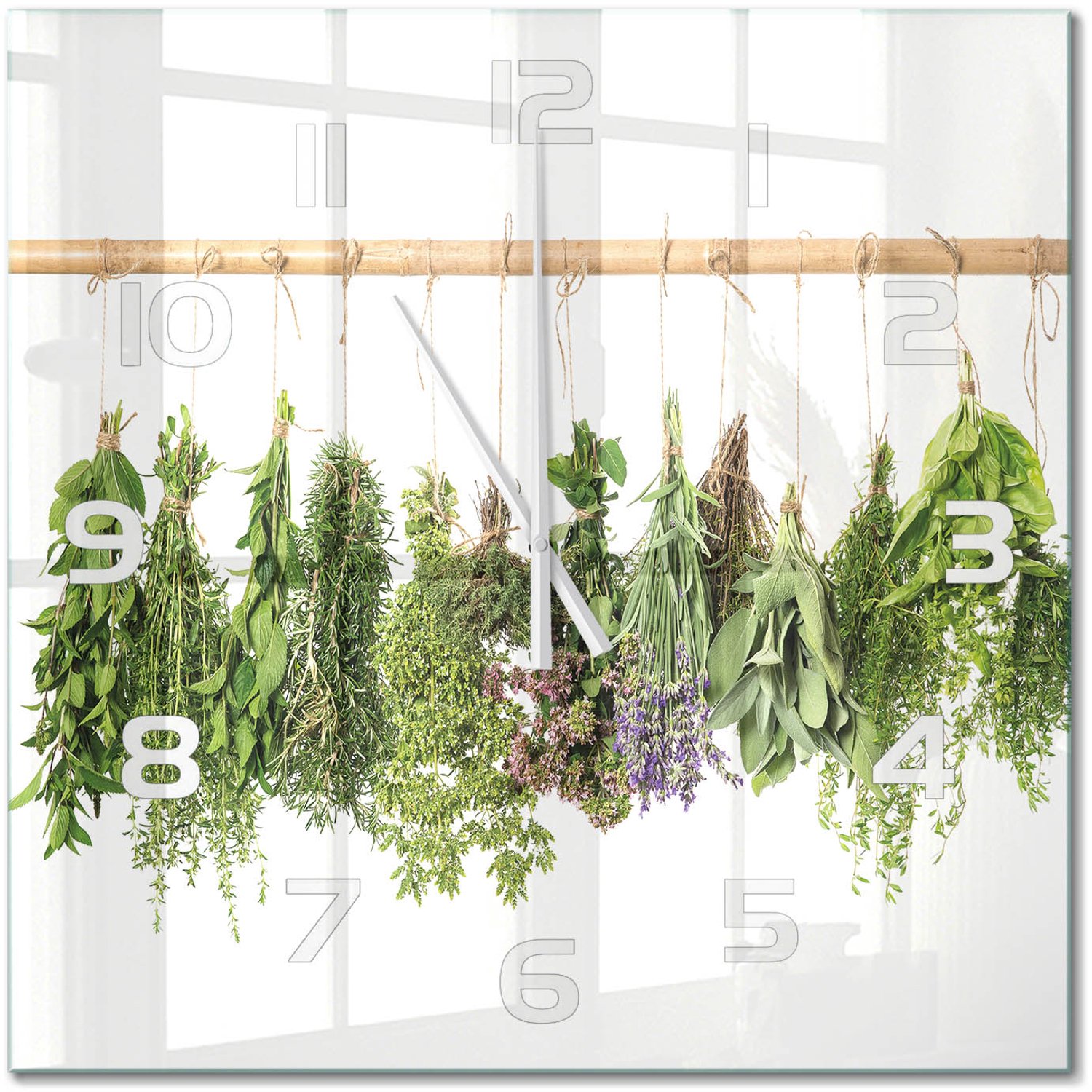 TULUP Wandklok - Kruiden aan een touwtje Klok Glas Met Opdruk - 60x60 cm - Groente Moderne Wandklok Glas - Witte handen - Vierkante Klok - Decoratieve Glazen Klok - Glazen Wandklok Design