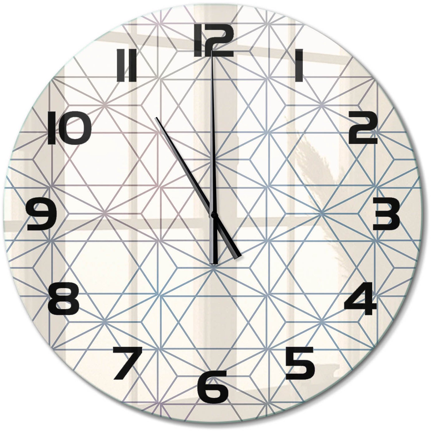 TULUP Wandklok - Geometrische achtergrond Glazen Wandklok Design - fi60 cm - Beige Klok Glas Met Opdruk - Zwarte handen - Ronde Klok - Wandklok Glas Met Motief - Decoratieve Glazen Klok