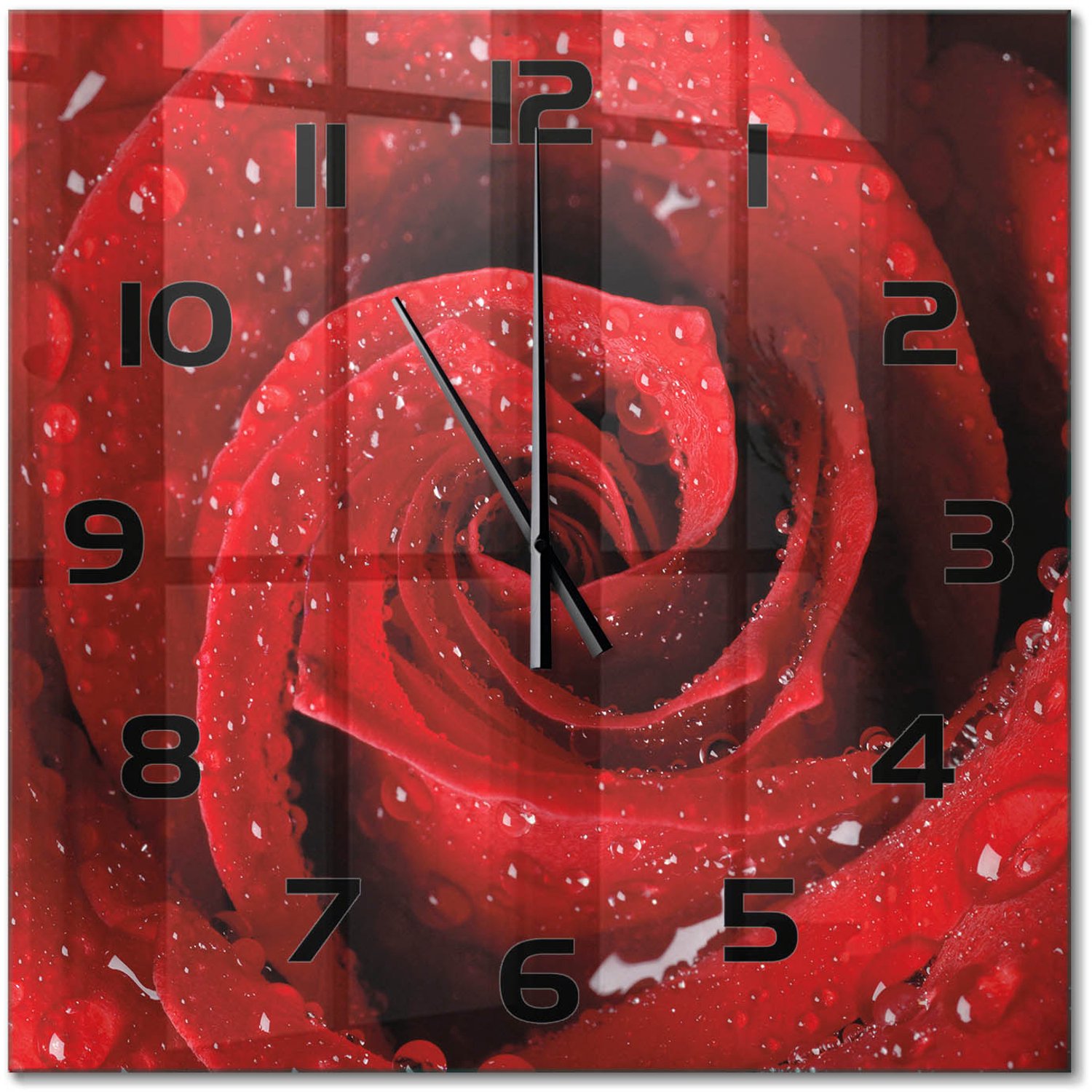 TULUP Wandklok - Druppels op de roos Glazen Klok Met Print - 60x60 cm - Rood Wandklok Glas Met Motief - Zwarte handen - Vierkante Klok - Wandklok Glas Decoratie - Gekleurde Glazen Klok