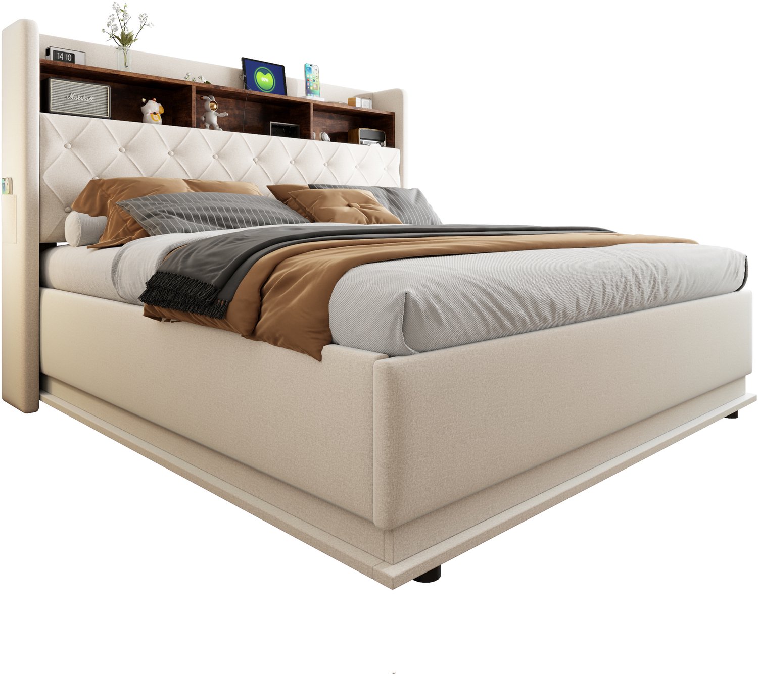 MUVANO Beige gestoffeerd opbergbed 180x200 - bed met ledverlichting en usb-aansluiting - hydraulische opbergruimte, linnen bekleding, tweepersoons slaapkamer