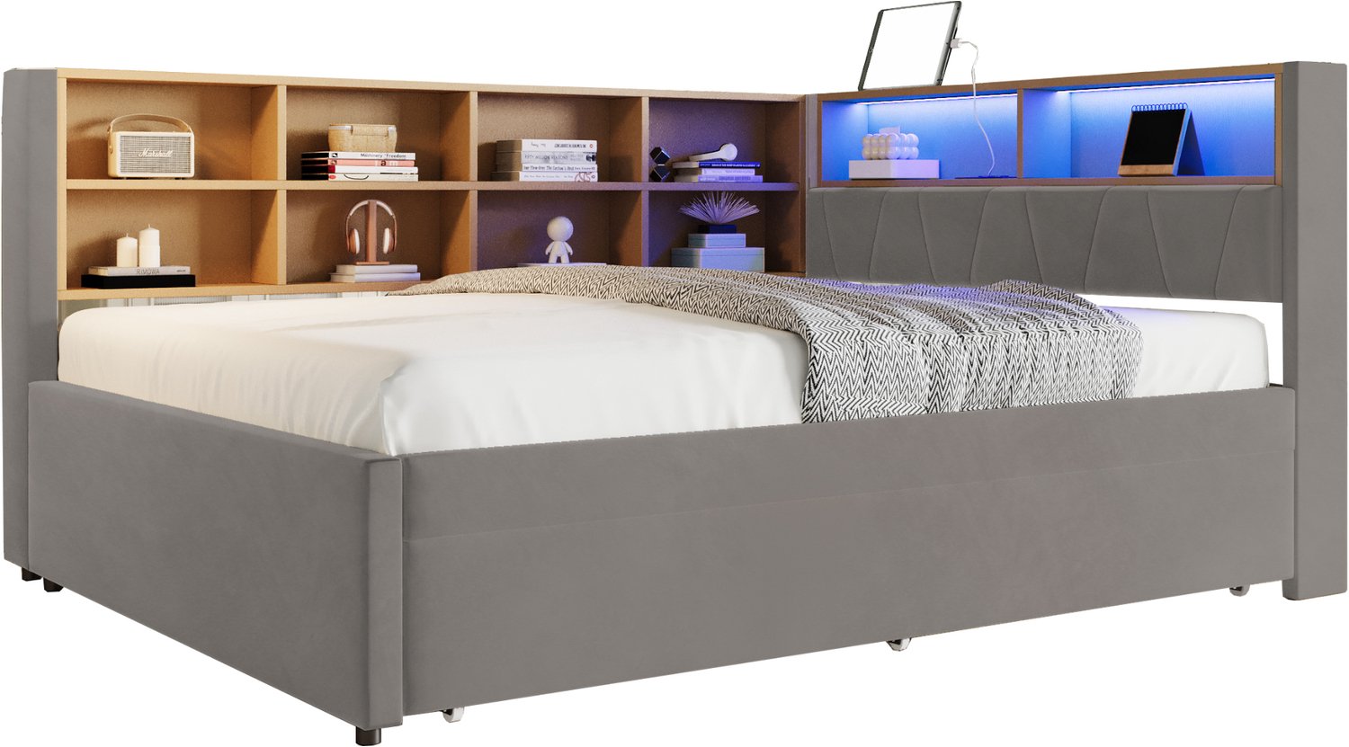 MUVANO Slaapbank 140 x 200 cm - Uitschuifbed 90 x 190 cm - Ledverlichting en USB-C - Opbergvakken - Flanellen bekleding - Voor slaapkamer donkergrijs