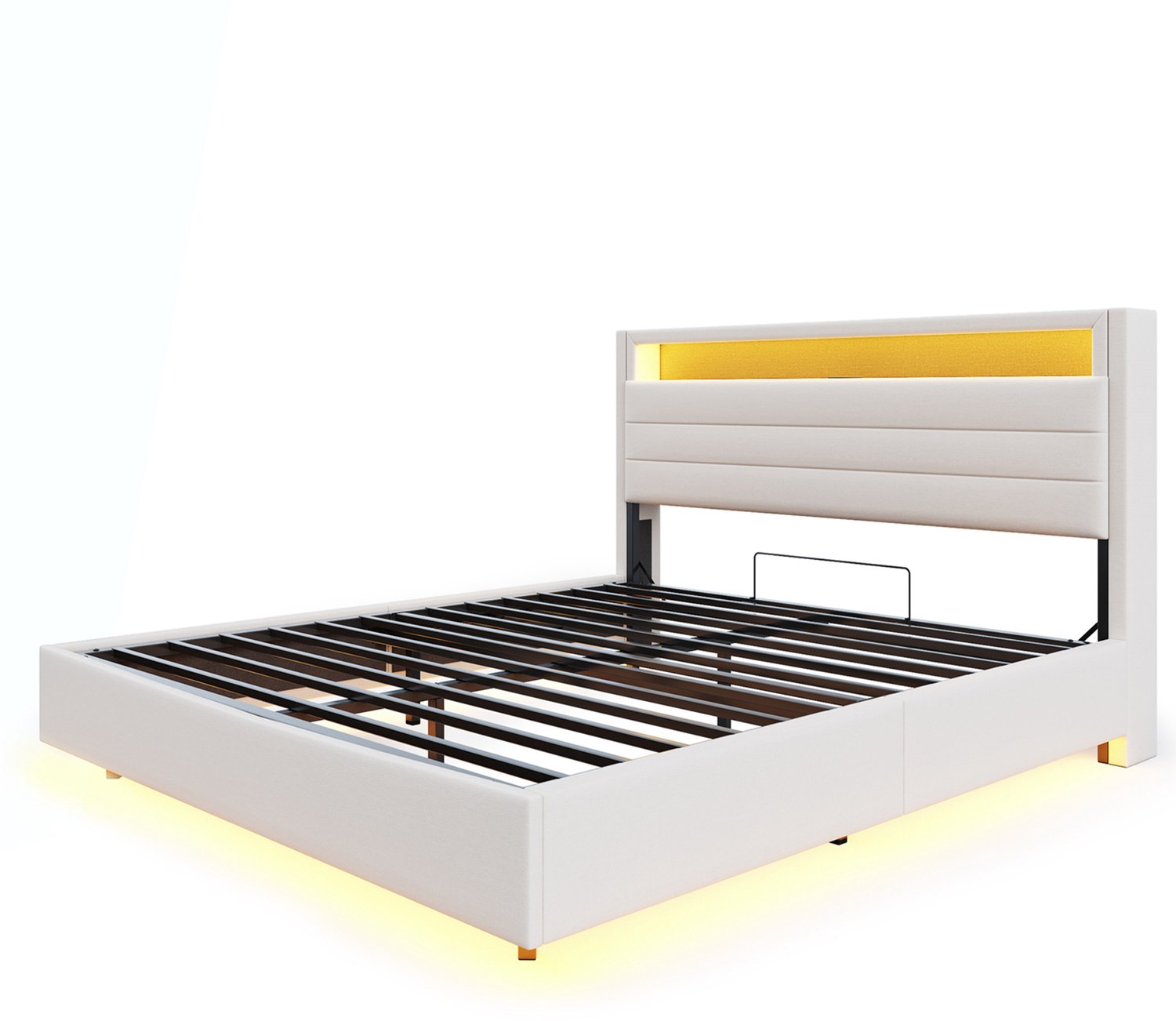 MUVANO Gestoffeerd bed 160 x 200 cm - hydraulisch opbergbed - bed met USB-aansluiting en LED-verlichting - linnen bekleding - beige - slaapkamer