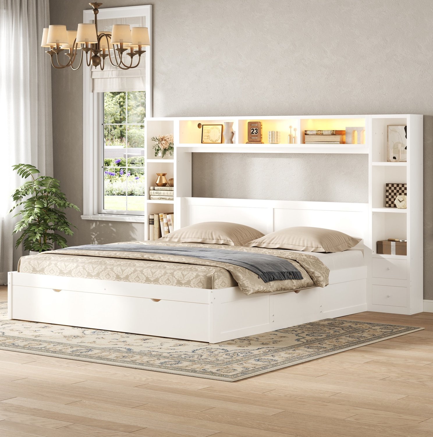 HAUSS SPOLE Bed 140x200 cm - Bedframe met Boekenkast als Hoofdbord - 7 Lades en Opbergruimte - Ledverlichting - Zonder Matras - MDF en Multiplex - Wit