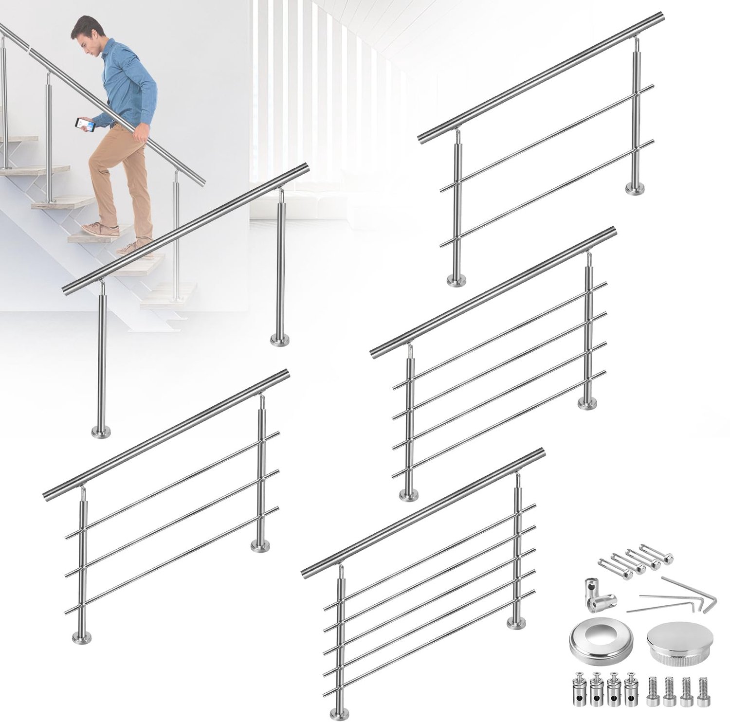 RVS Trapleuning 150 cm met 2 Steunen