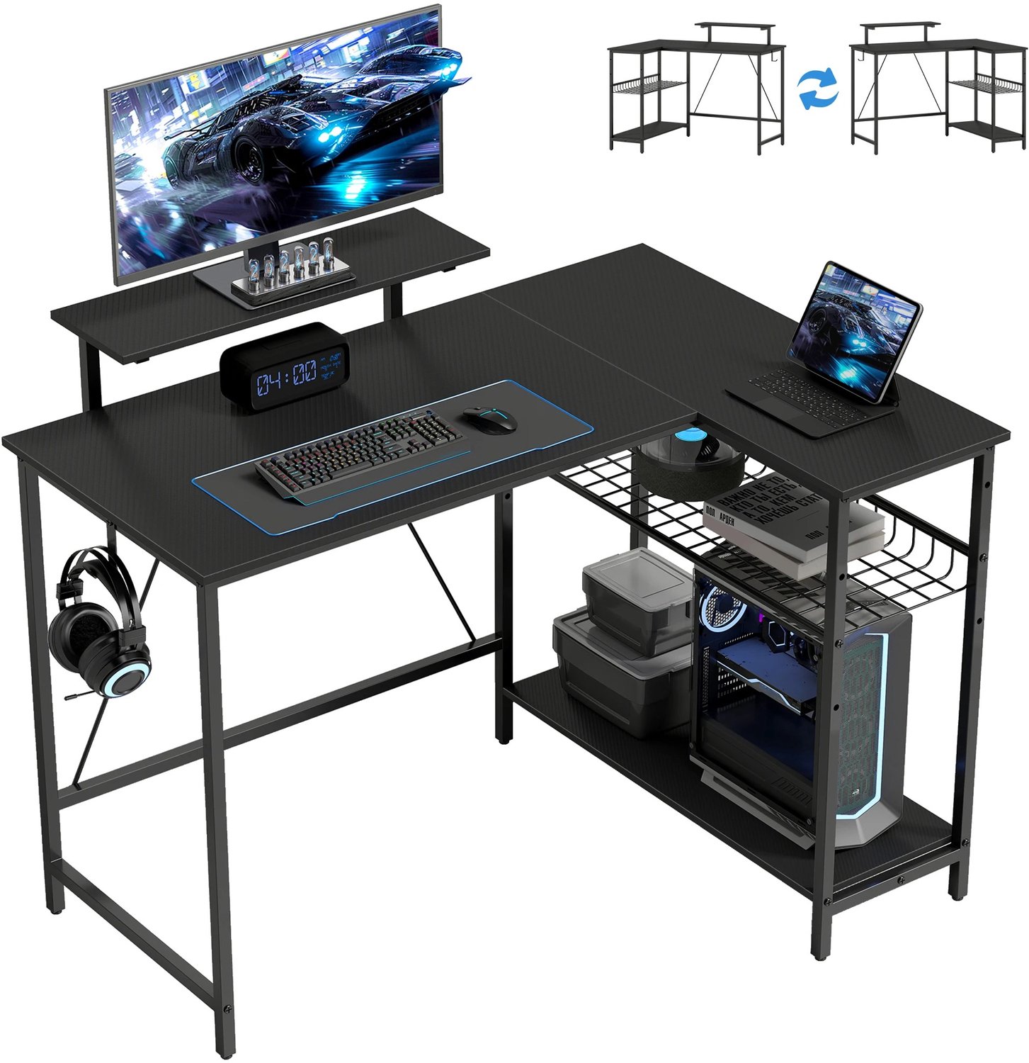 MokoHub Gamingbureau Omkeerbaar - Bureau met Schermhouder en Verstelbare Mesh-plank - Gaming Tafel - 114.5x82x91,5 cm - Zwart