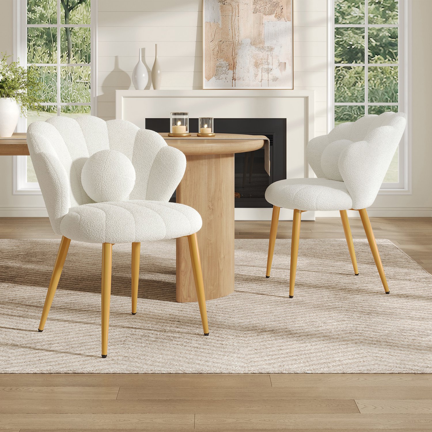 HAUSS SPOLE Eetkamerstoelen - Set van 2 - Schelpvormige Rugleuning met Sierkussens - Voor Eetkamer en Kaptafel - Teddystof - Wit