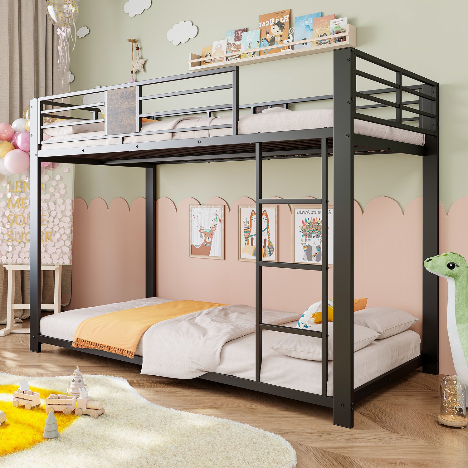 Wishdor Stapelbed 90x200 cm - Metalen frame met uitvalbeveiliging - Ladder links of rechts monteerbaar met antislip - Geluiddempende strips - Lage hoogte - MDF en zwart