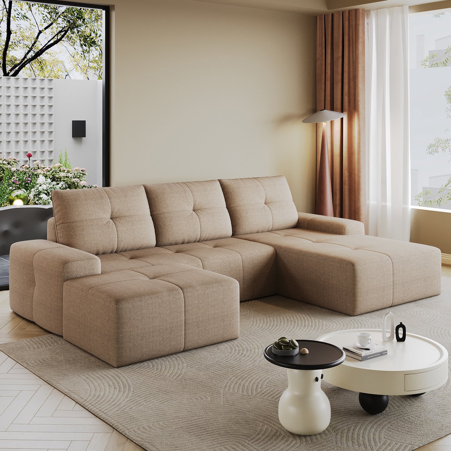 Wishdor L-vormige hoekbank met hocker - Zachte zit door hoogelastisch schuim - Stoffen bekleding - Gecomprimeerd verpakt voor vervoer - Woonkamer - Kaki - 262 x 172 x 82 cm Khaki