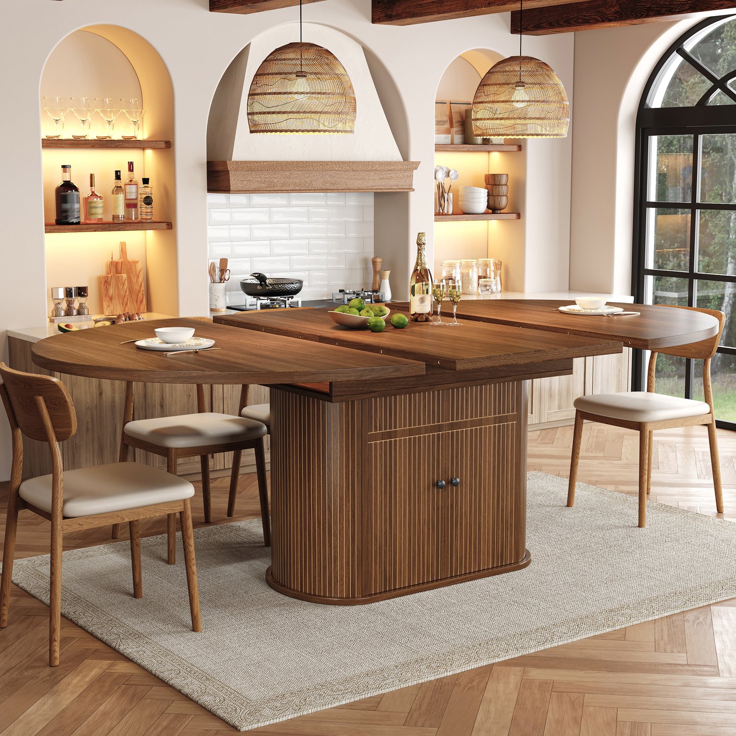 Wishdor Uitschuifbare eettafel met opbergruimte - Voor 4 tot 6 personen - Twee deuren en verstelbare legplanken - Afgerond tafelblad - Keuken en eetkamer - MDF - Donkerbruin - 118-158 x 118 x 76,5 cm