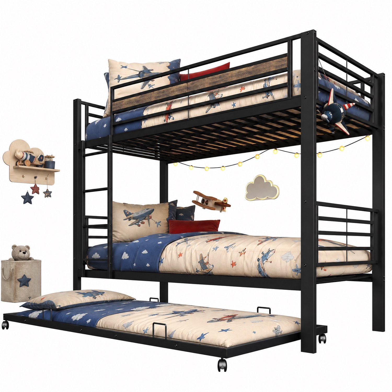 REDOM Metalen stapelbed 90x200 cm - Uitschuifbed 90x190 cm, ladder en uitvalbeveiliging - Zwart Zwart met bruine accenten