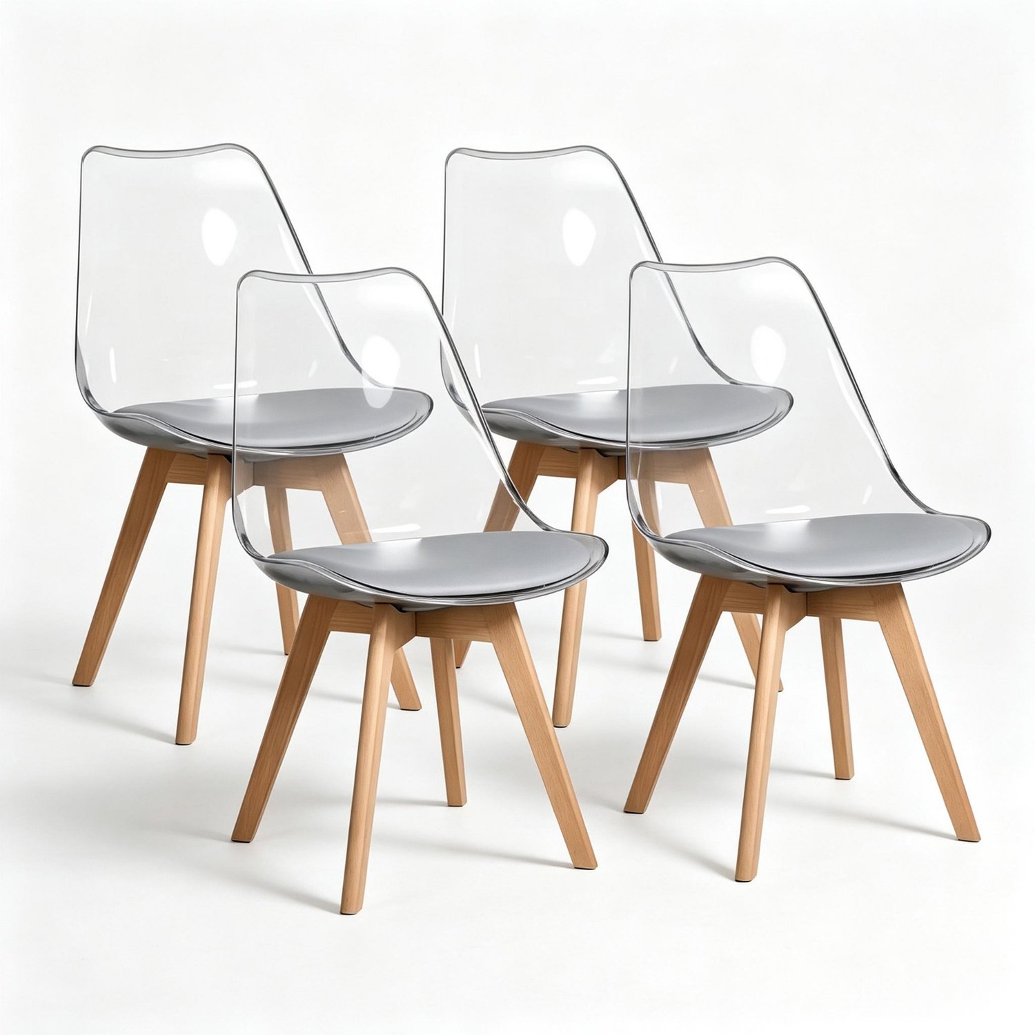 REDOM Eetkamerstoelen set van 4 - Kunststof zitting met kunstleren zitkussen - Houten poten - Grijs