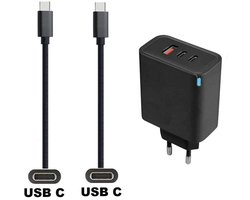 OneOne 65W super snellader met 3 poorten + 0,5m sterke USB C naar C kabel. Zwarte PD Quick Charge lader. PPS oplader adapter past op JBL Junior 320BT, 470NC, Jr 310BT, Jr 460NC, Live 670NC / 760NC / 770NC / Live Pro, Pro 2, Flex / Free NC+