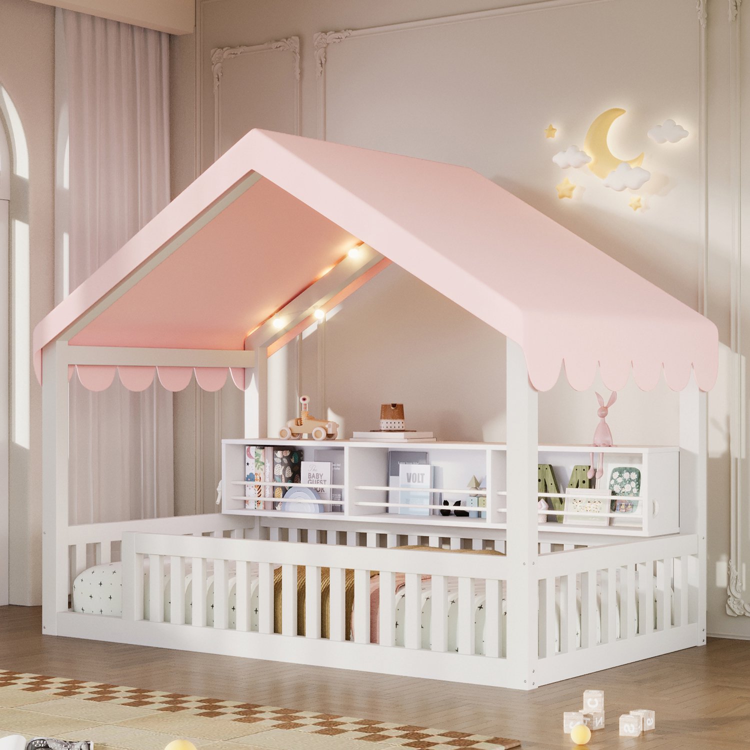 HAUSS SPOLE Huisbed 90x200 cm - Kinderbed met Stoffen Hemel en Valbeveiliging - Met Boekenrek en Ledverlichting - Zonder Matras - Hout en MDF - Wit