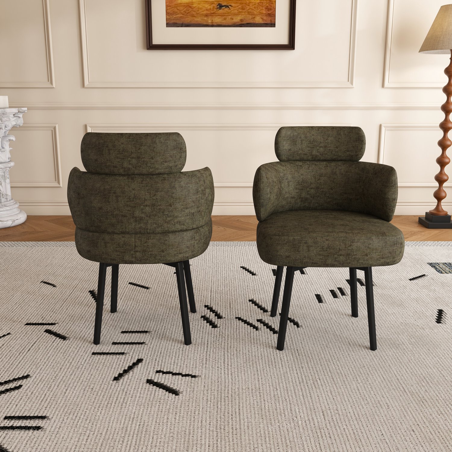 Wishdor Draaibare eetkamerstoel - 360° draaibaar met armleuningen - Gestoffeerde kuipstoel met chenille bekleding - Metalen vierpoot - Eetkamer woonkamer kaptafel - Olijfgroen - 56,5 x 54 x 89 cm