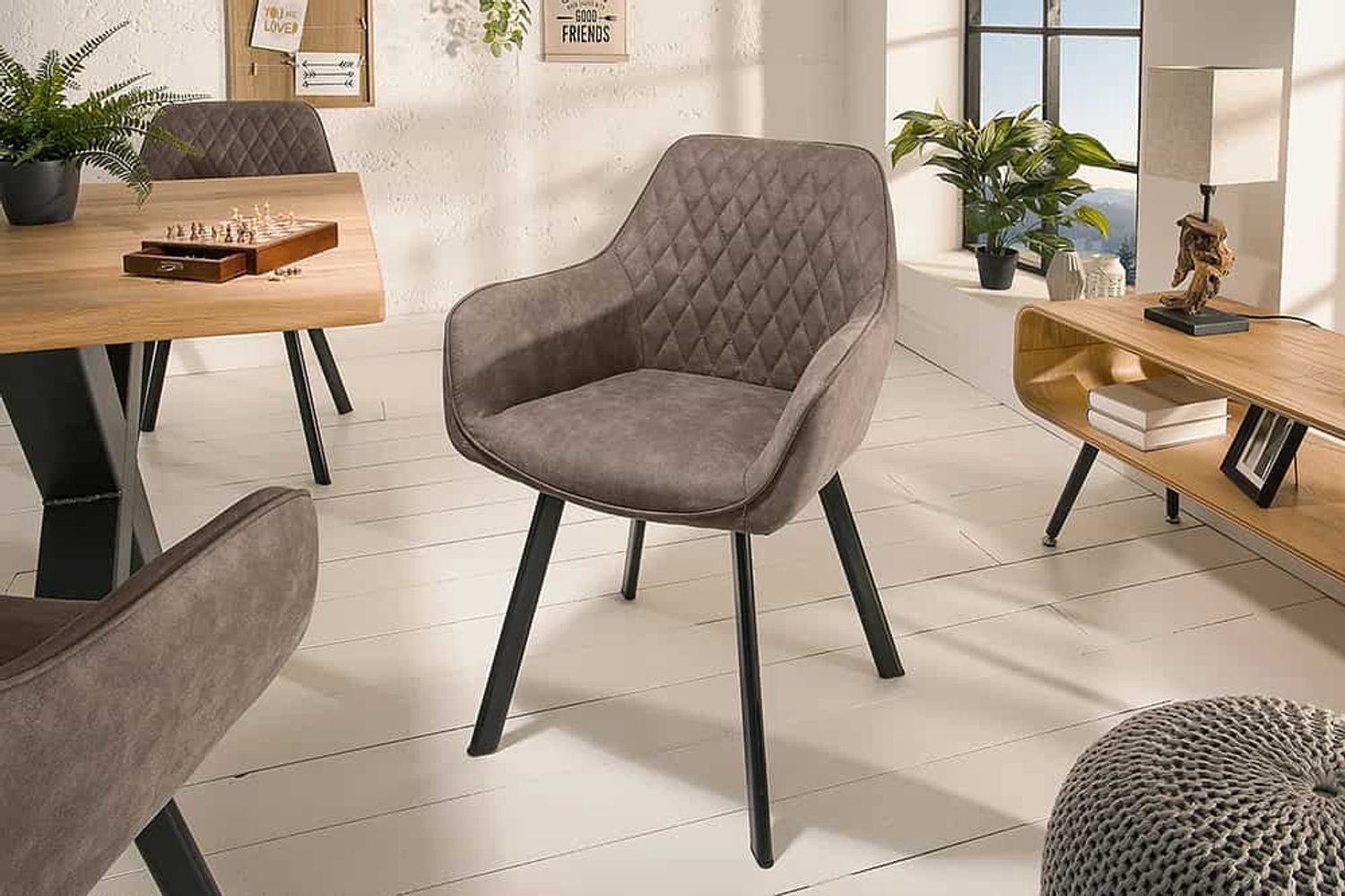 Invicta Interior Retro stoel PALERMO taupe met armleuning en decoratieve stiksels - 39343 Zie omschrijving