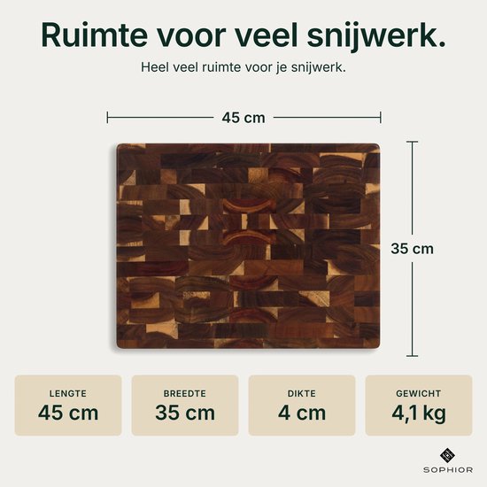 SOPHIOR Houten Snijplank Acacia Kopshout - Hakblok 45x35x4 cm - Met Handvaten — cadeau in Kookcadeaus - foto 4