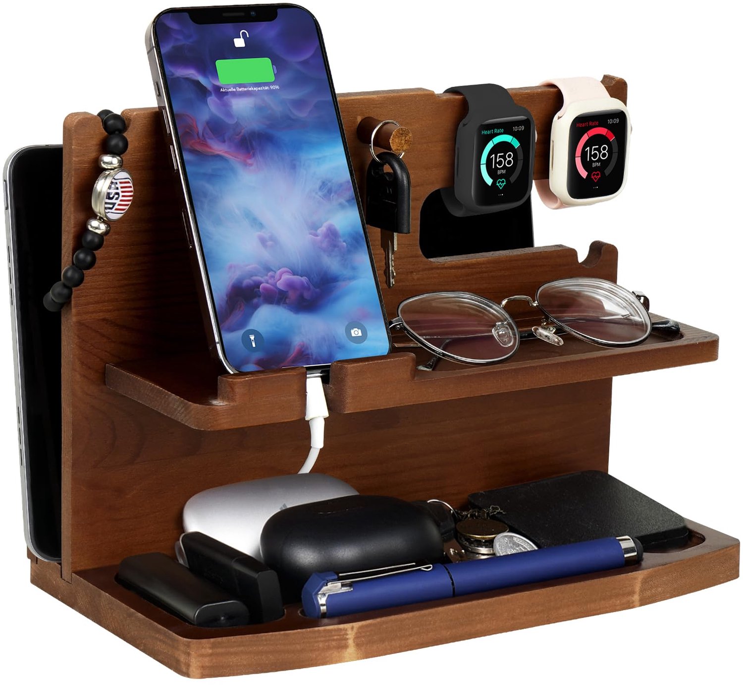 Telefoon Docking Station Houten - Telefoonhouder Bureau - Organizer - Sleutelhouder - Cadeau voor Mannen - Verjaardagscadeau